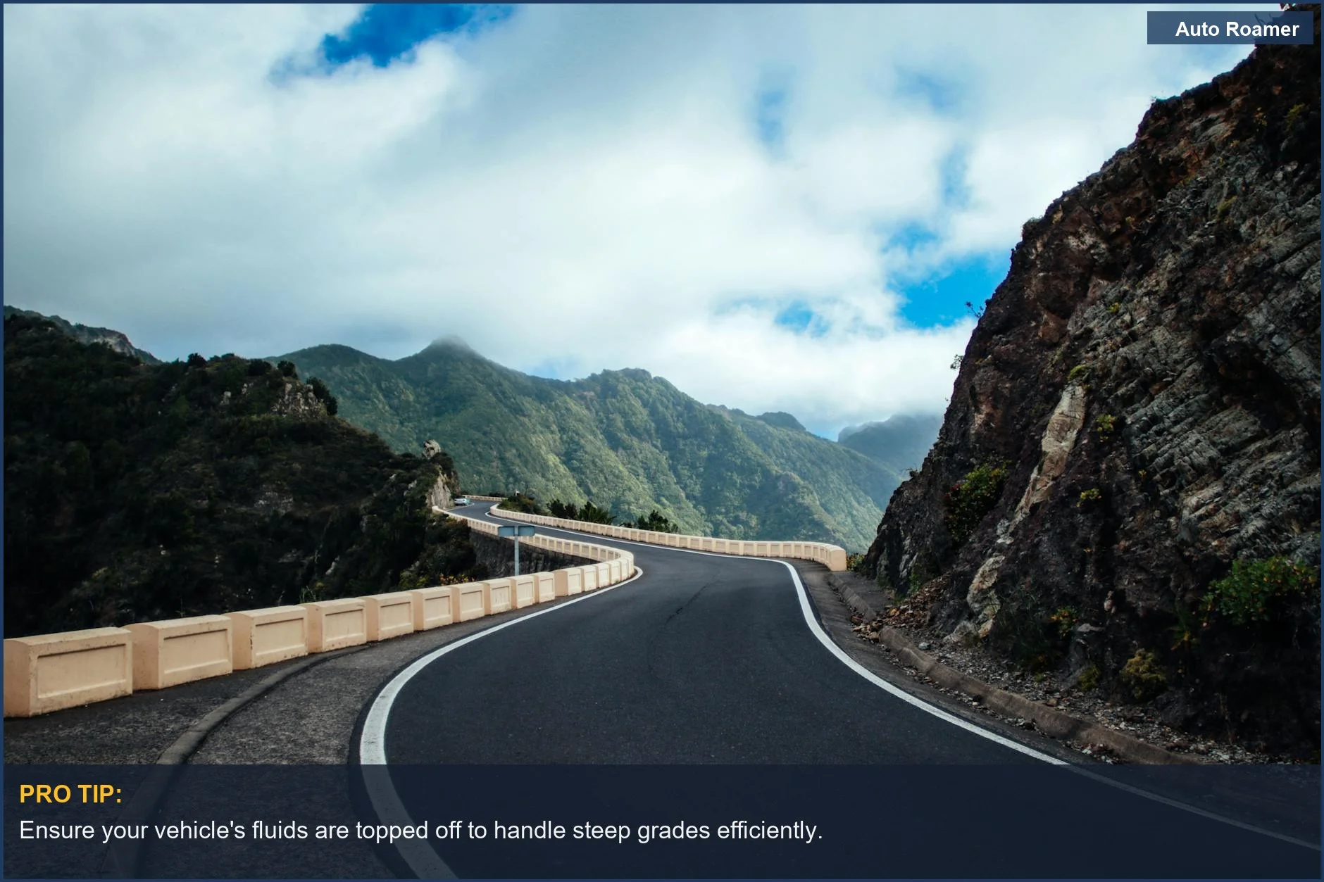 Winding road through lush mountains under a cloudy sky for adventurous driving