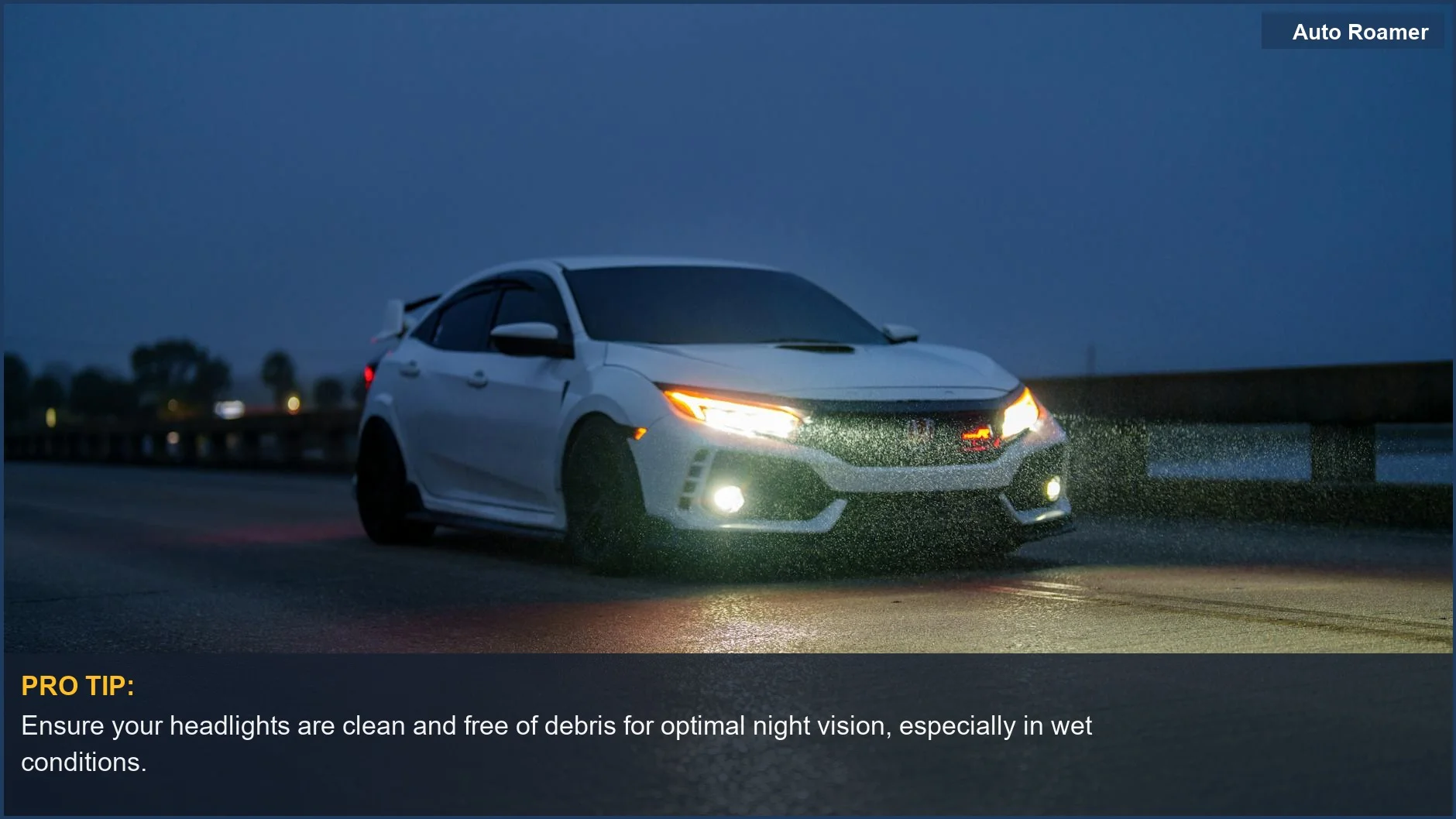 White sports car driving on a wet road at night, demonstrating safe headlight use in rain.