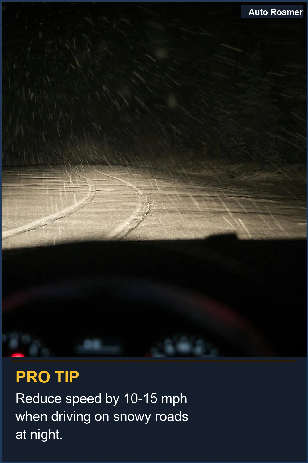Reduce speed by 10-15 mph when driving on snowy roads at night.