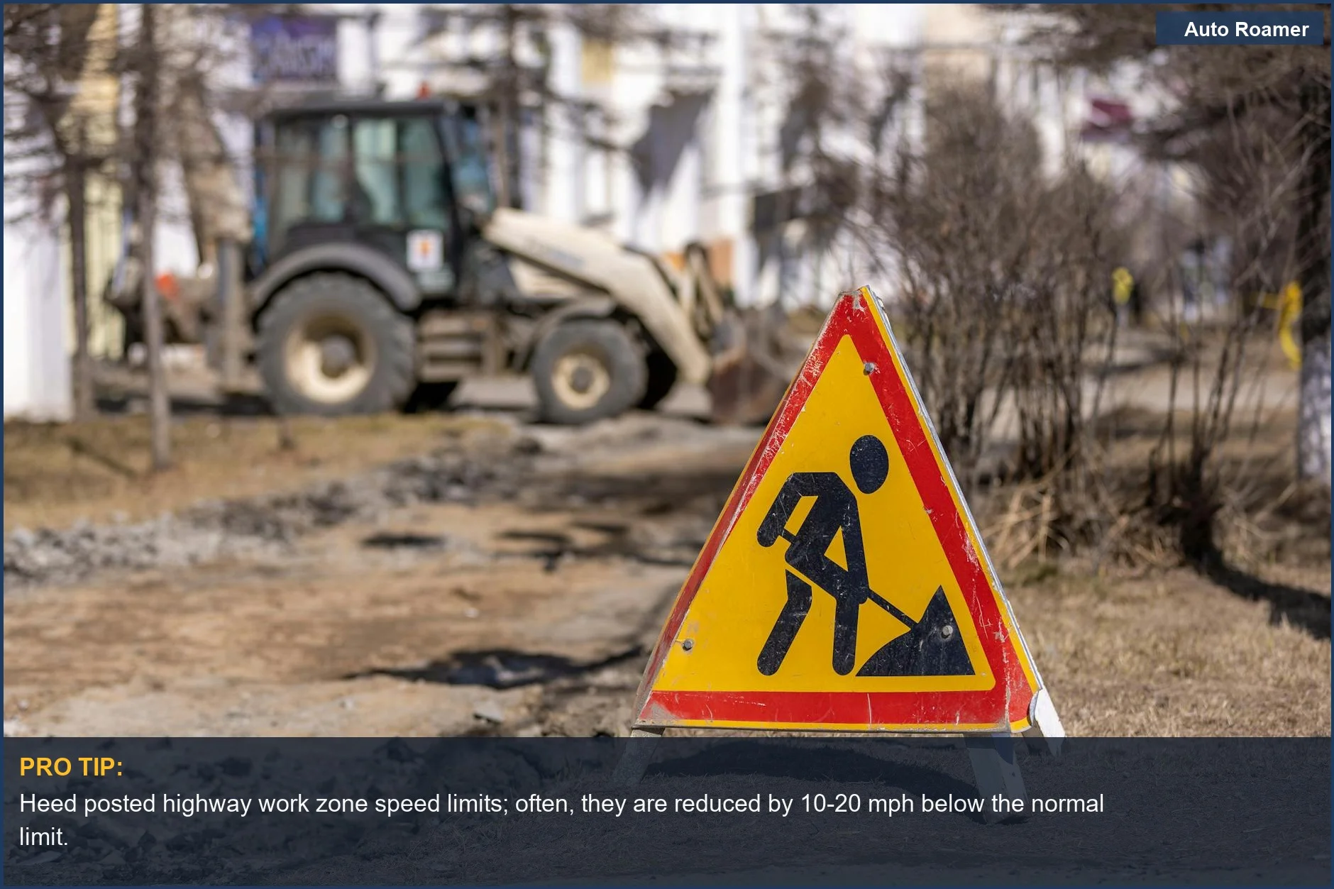 Bright yellow construction zone warning sign with cautionary symbols for highway work zone speed limits.
