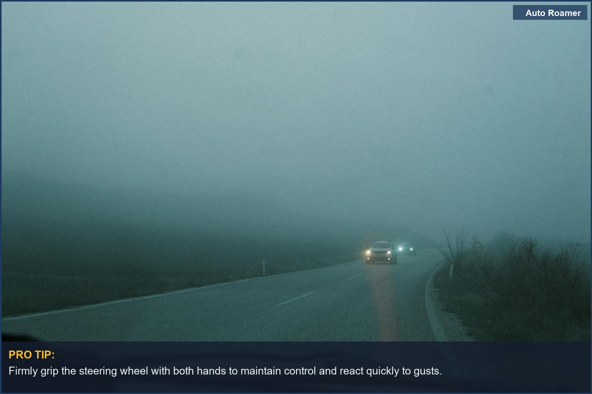 Cars driving on a foggy dawn road with headlights on, emphasizing low visibility and wind advisory driving.