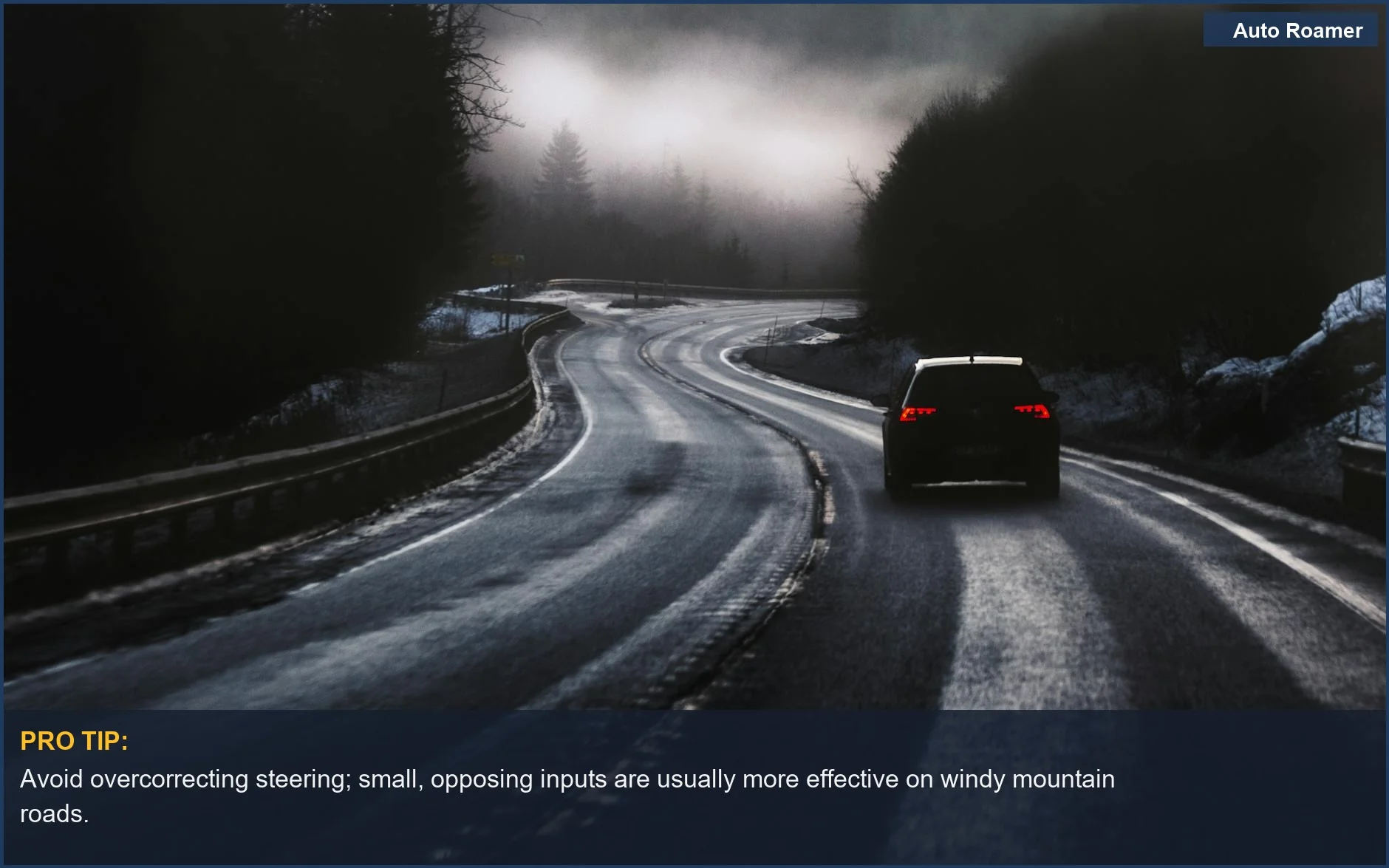 Dramatic winter drive on a foggy Norwegian mountain road with a car navigating curves, showcasing high wind driving tips.