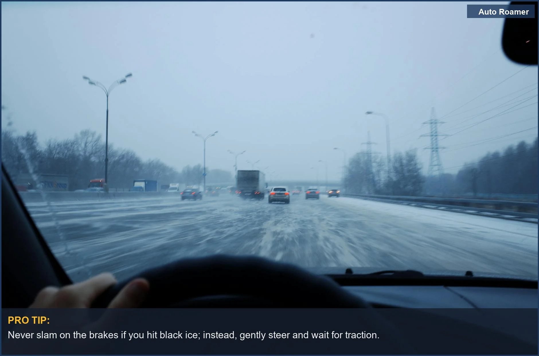 Car driving on icy roads during twilight, showing traffic and the need for what to do if you hit black ice.
