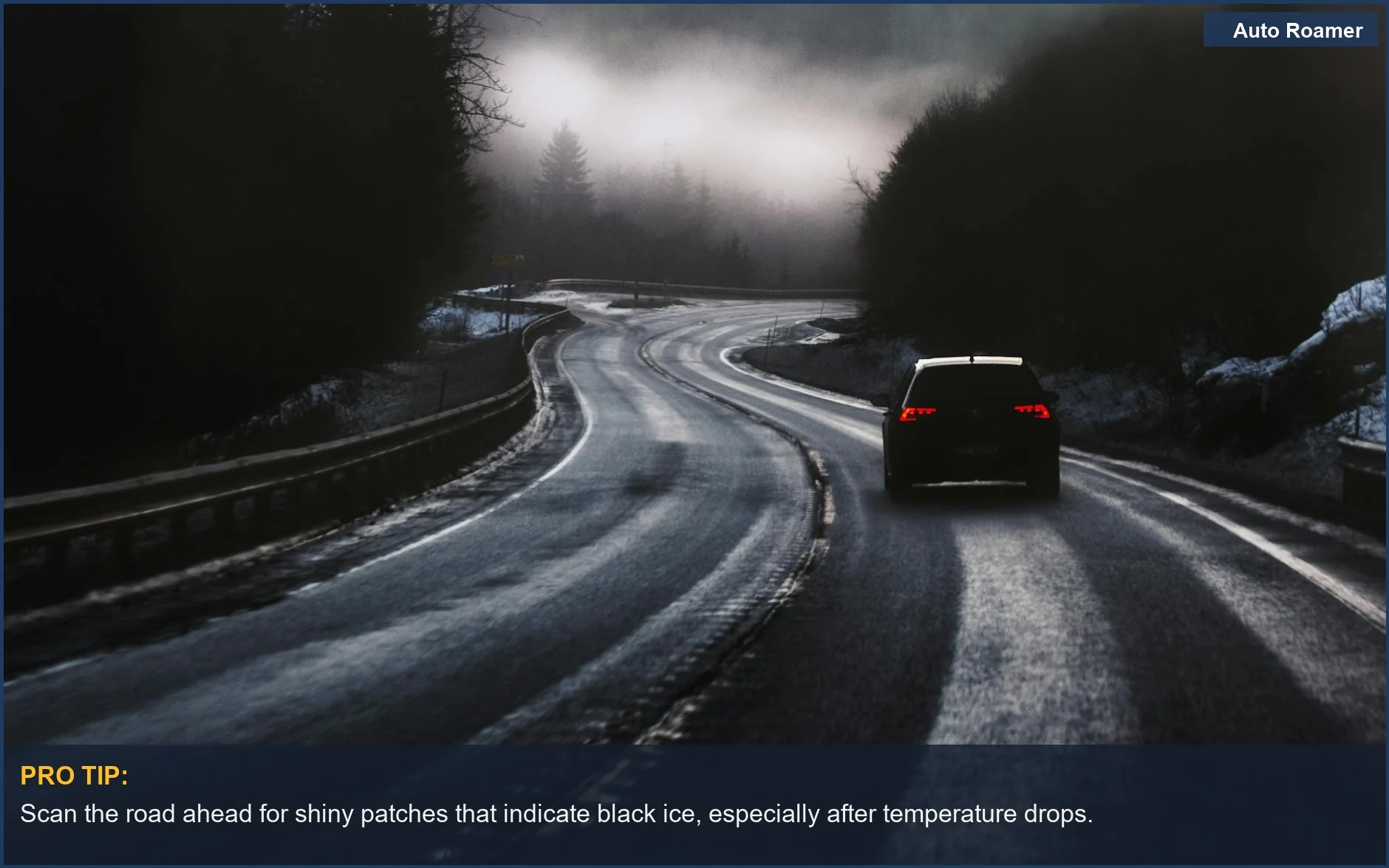 Foggy Norwegian mountain road with a car, demonstrating how to drive on black ice in treacherous conditions.