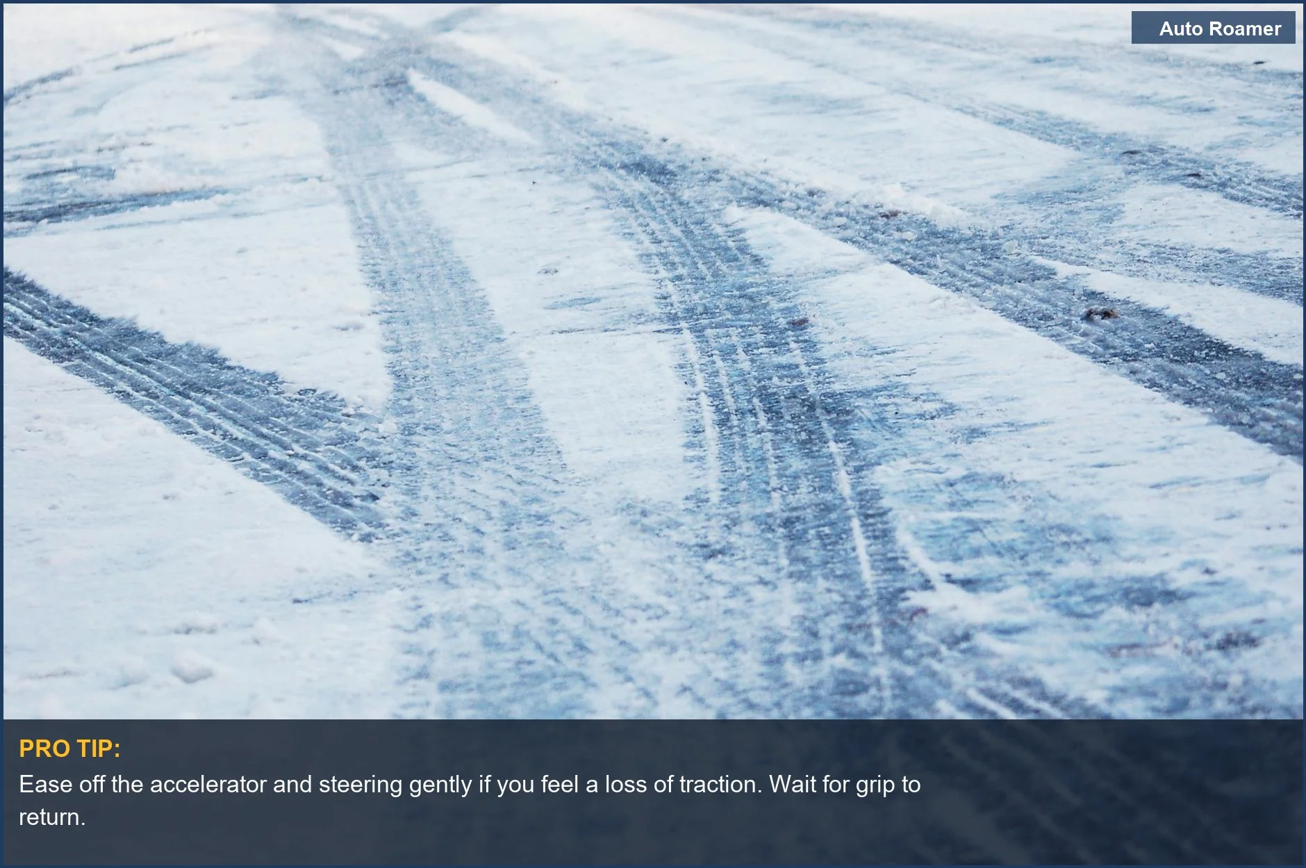 Tire tracks on a snow-covered road, illustrating the challenges of driving on ice safely during winter.