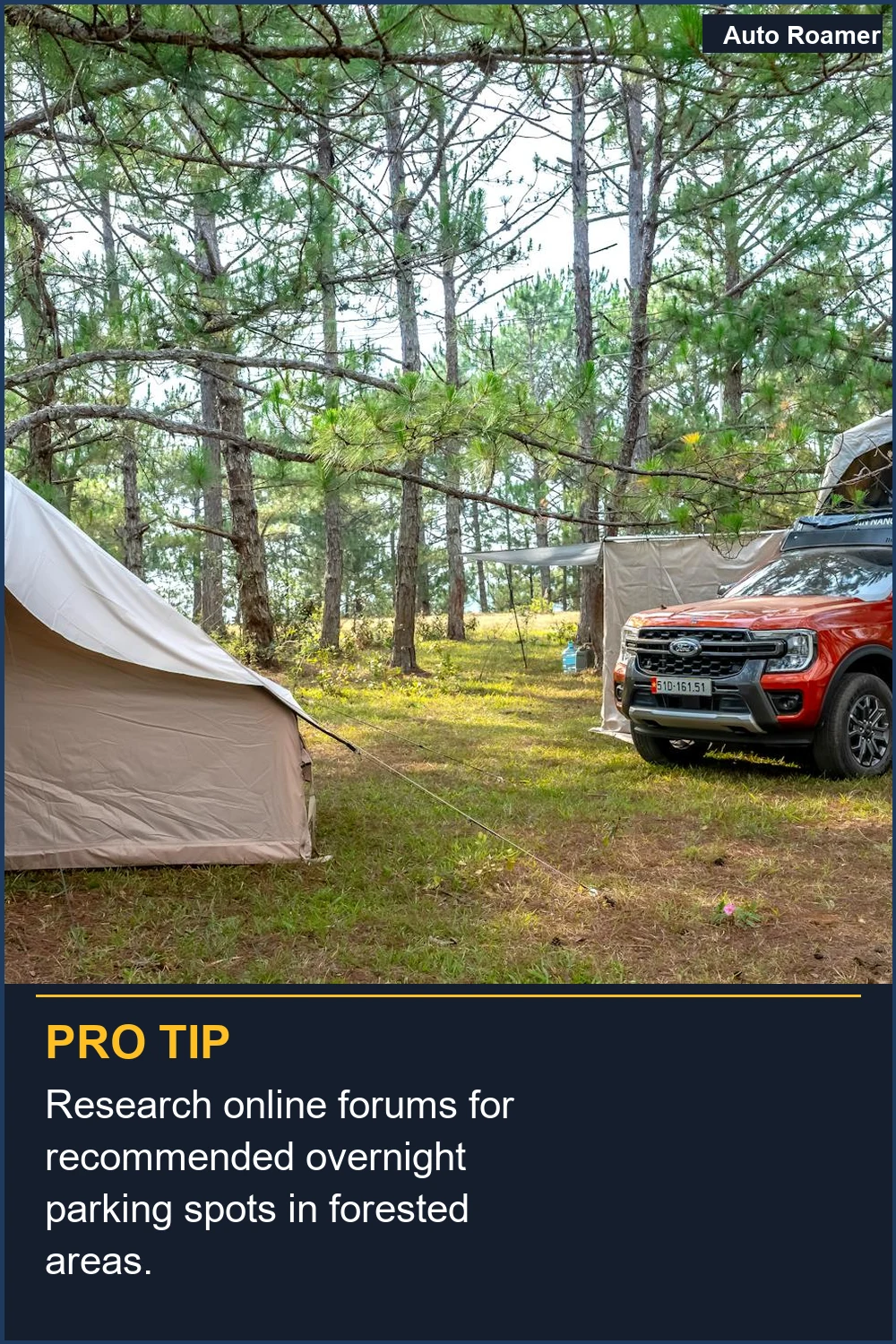Research online forums for recommended overnight parking spots in forested areas.