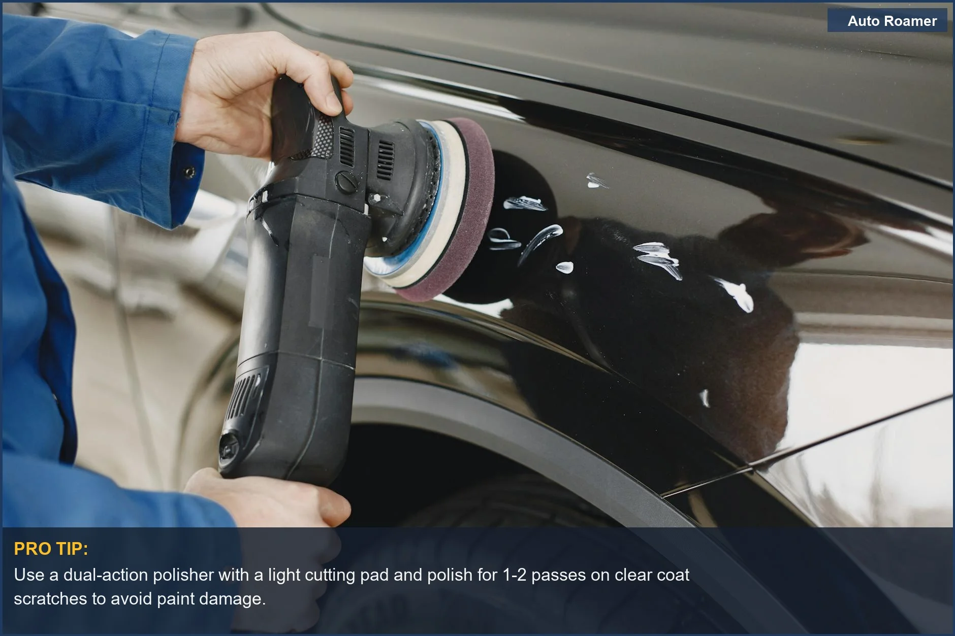 Hands using a polishing machine on a car's surface, demonstrating a key step in how to fix a car scratch at home effectively.