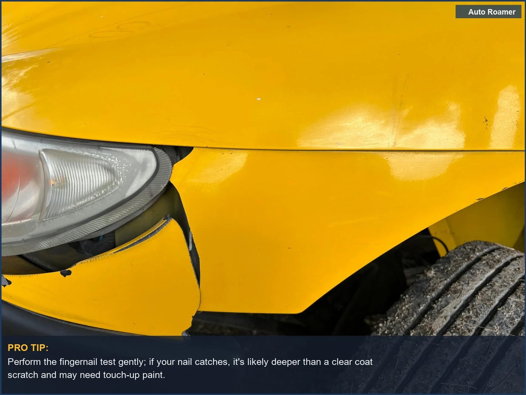 Yellow car bumper with clear coat scratch, illustrating the need for a fingernail test to determine scratch depth for DIY repair.