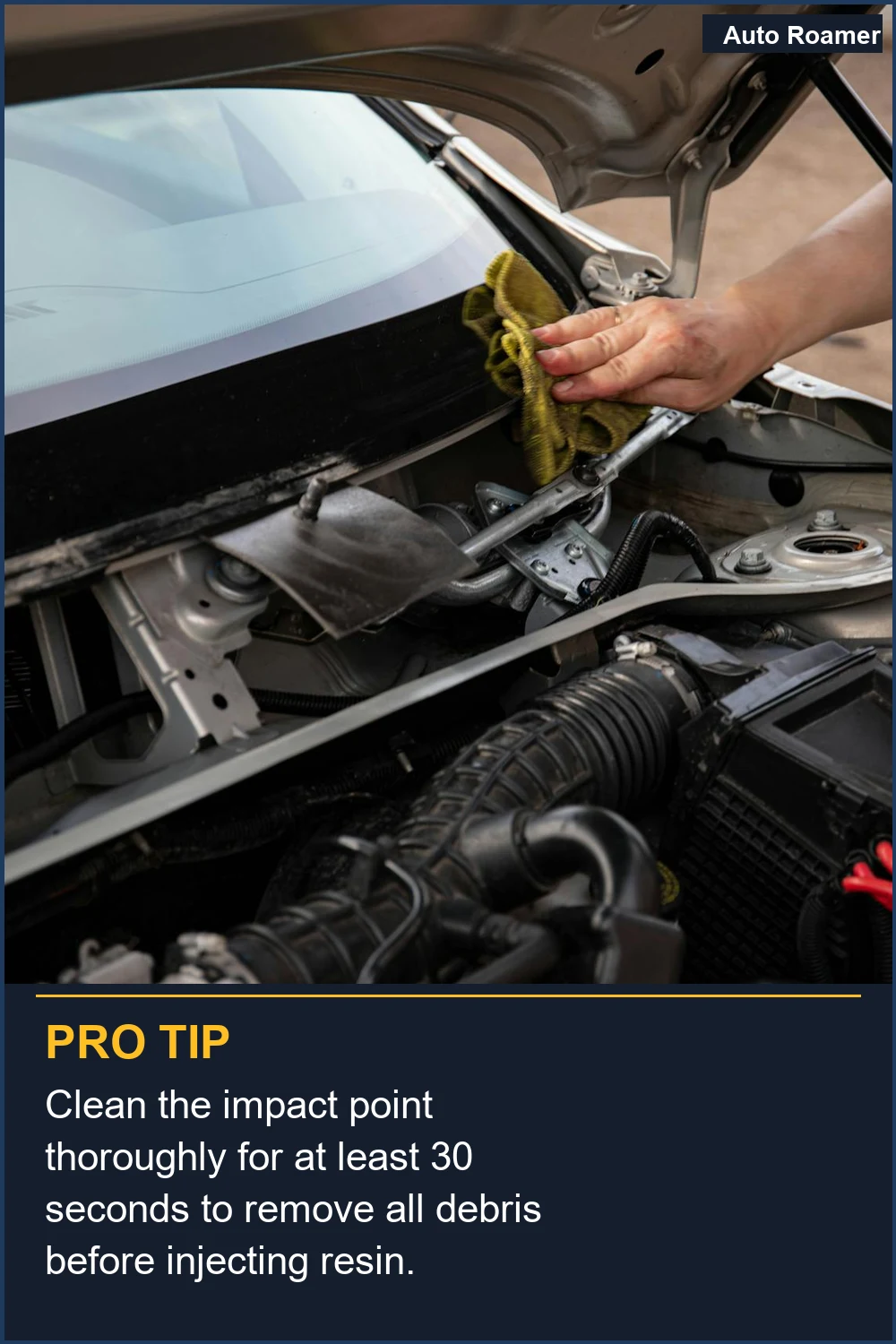 Clean the impact point thoroughly for at least 30 seconds to remove all debris before injecting resin.