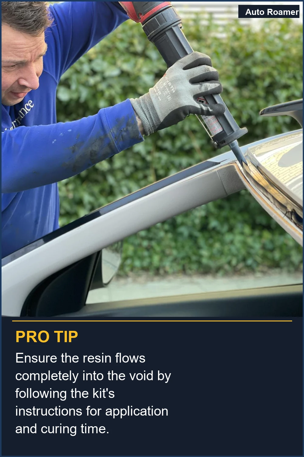 Ensure the resin flows completely into the void by following the kit's instructions for application and curing time.