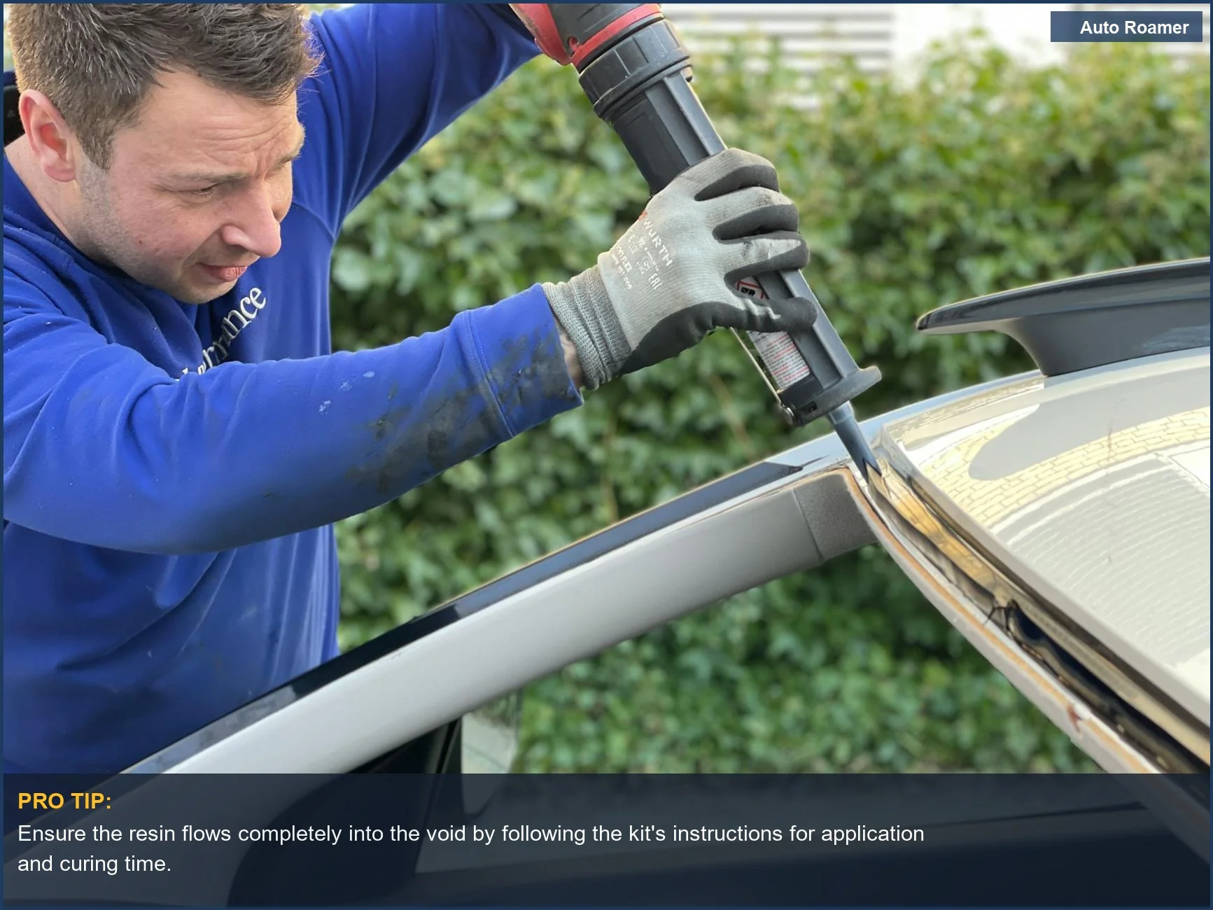 Man uses a windshield chip repair kit to fix a crack, demonstrating a DIY auto glass solution.
