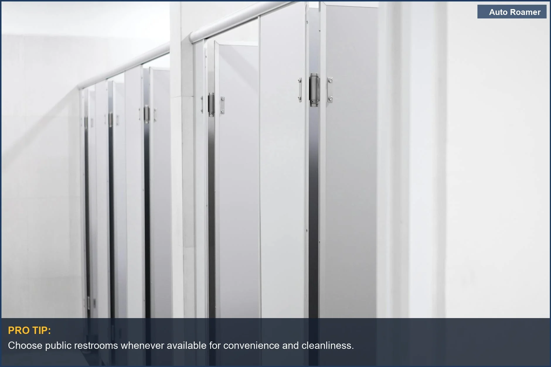 Modern public restroom with clean partitions, ideal for car camping bathroom needs.