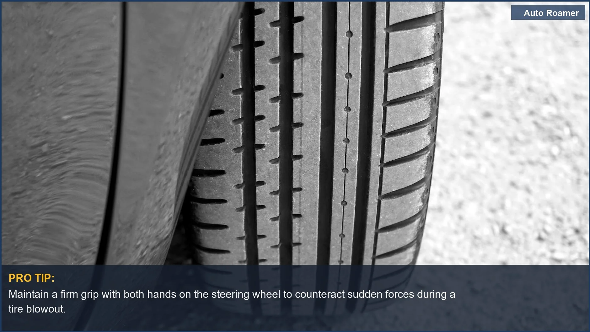 Close-up of a car tire's tread on gravel, illustrating a potential blowout scenario.