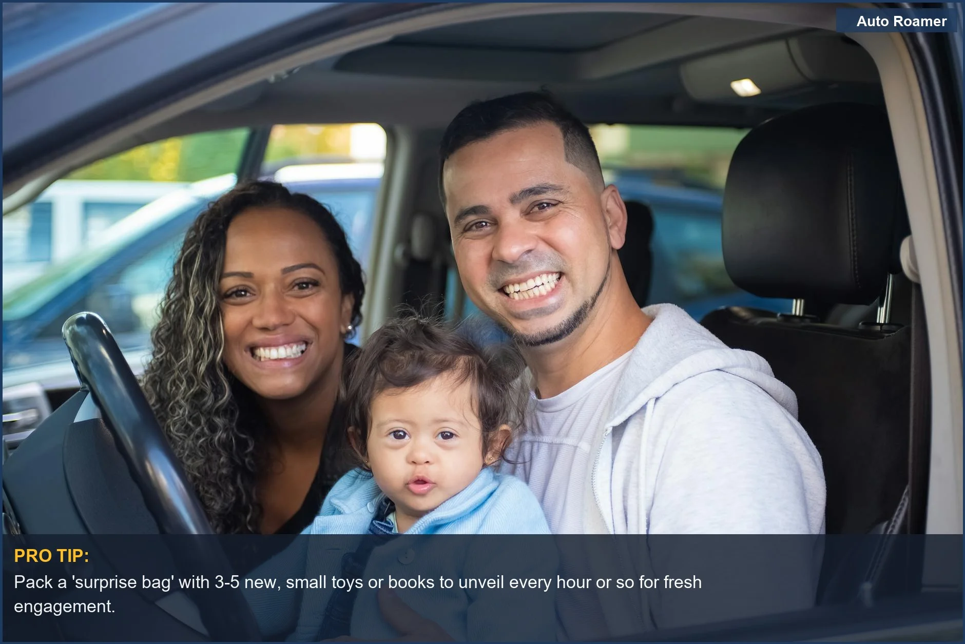 Showing genuine joy, this family of three smiles inside their car, representing success in managing toddler meltdowns on a long car ride.