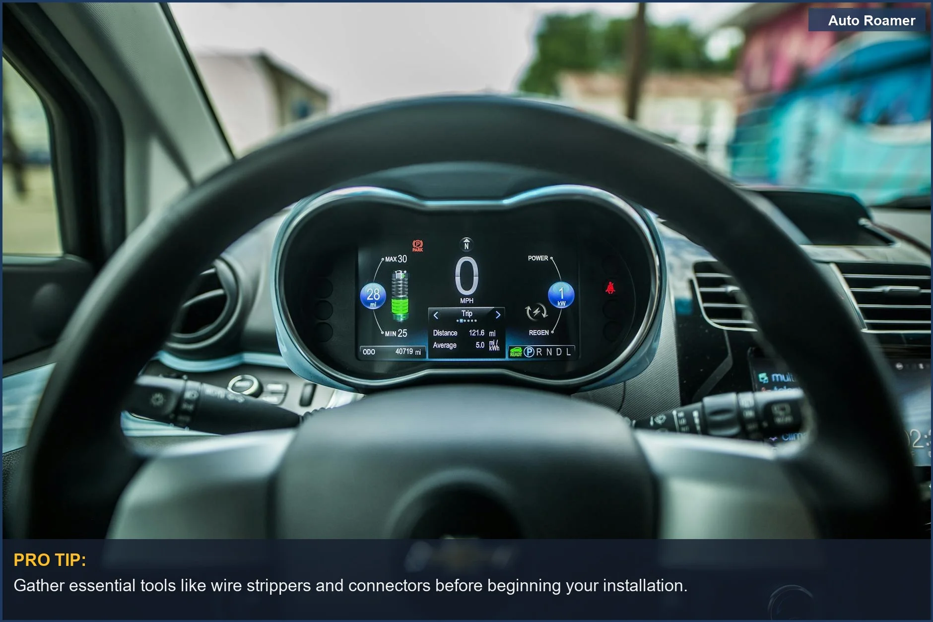 Car dashboard with digital display ready for dashcam wiring setup.