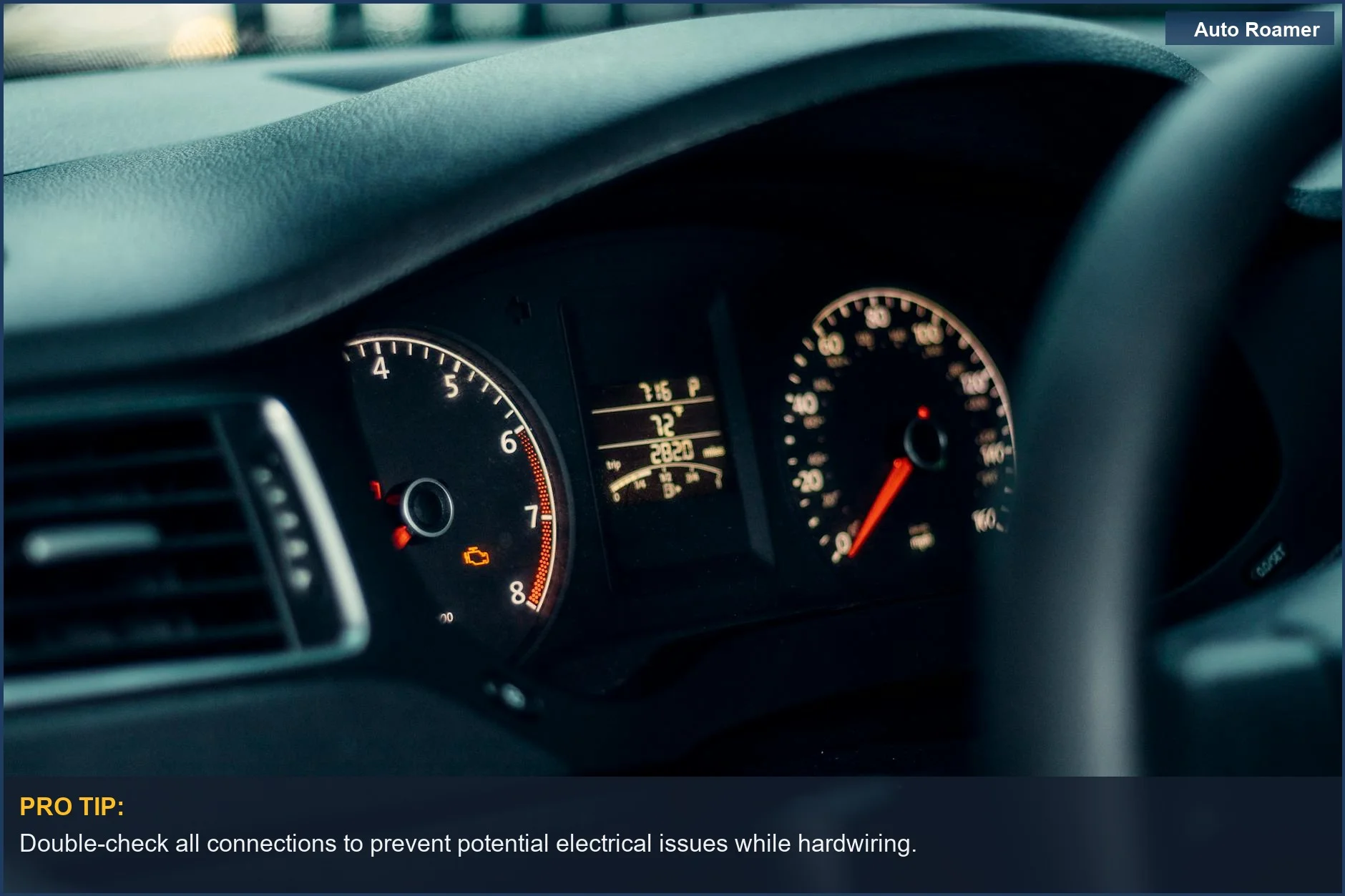 Illuminated car gauges emphasizing safety in dashcam hardwiring.
