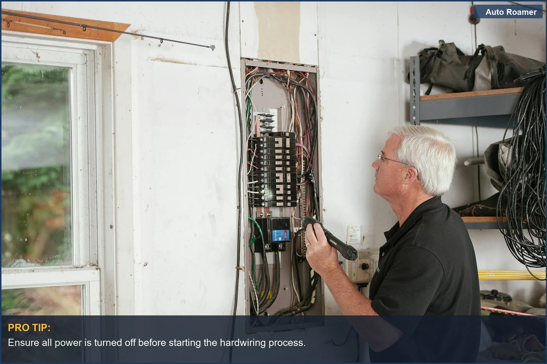Electrician inspecting a residential fuse box for safe dashcam hardwiring.