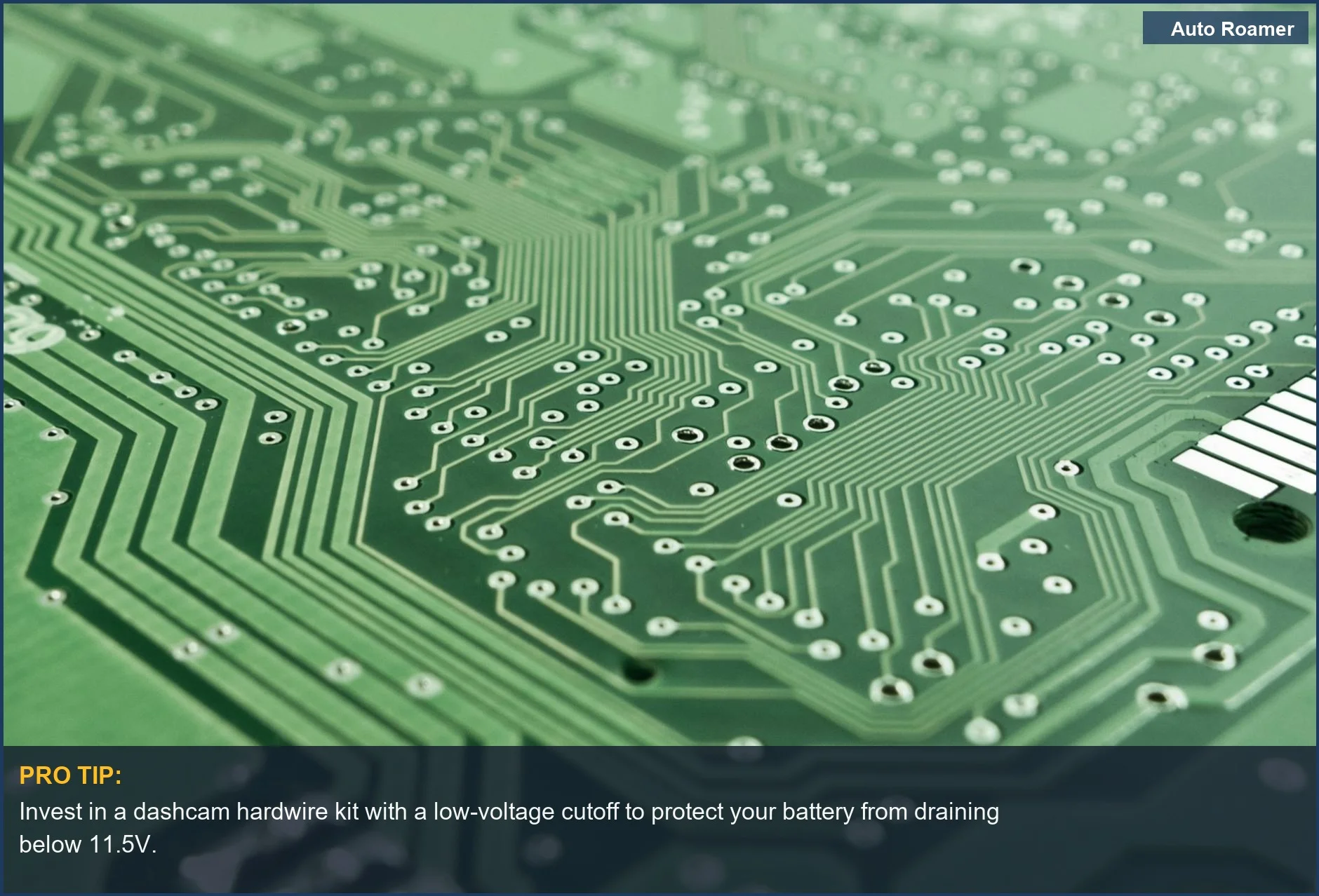 Green circuit board with intricate pathways, essential for understanding dashcam hardwiring for off-grid power.