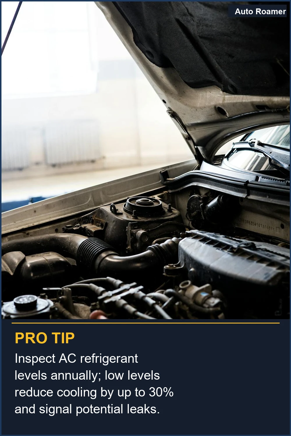 Inspect AC refrigerant levels annually; low levels reduce cooling by up to 30% and signal potential leaks.