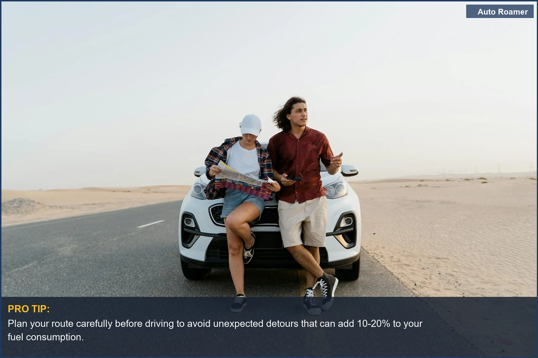 A couple reviewing a physical map next to their car in a vast desert landscape, planning to improve gas mileage on a road trip.