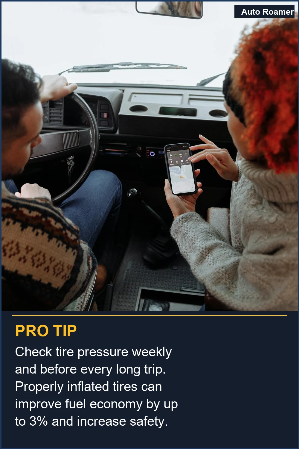 Check tire pressure weekly and before every long trip. Properly inflated tires can improve fuel economy by up to 3% and increase safety.