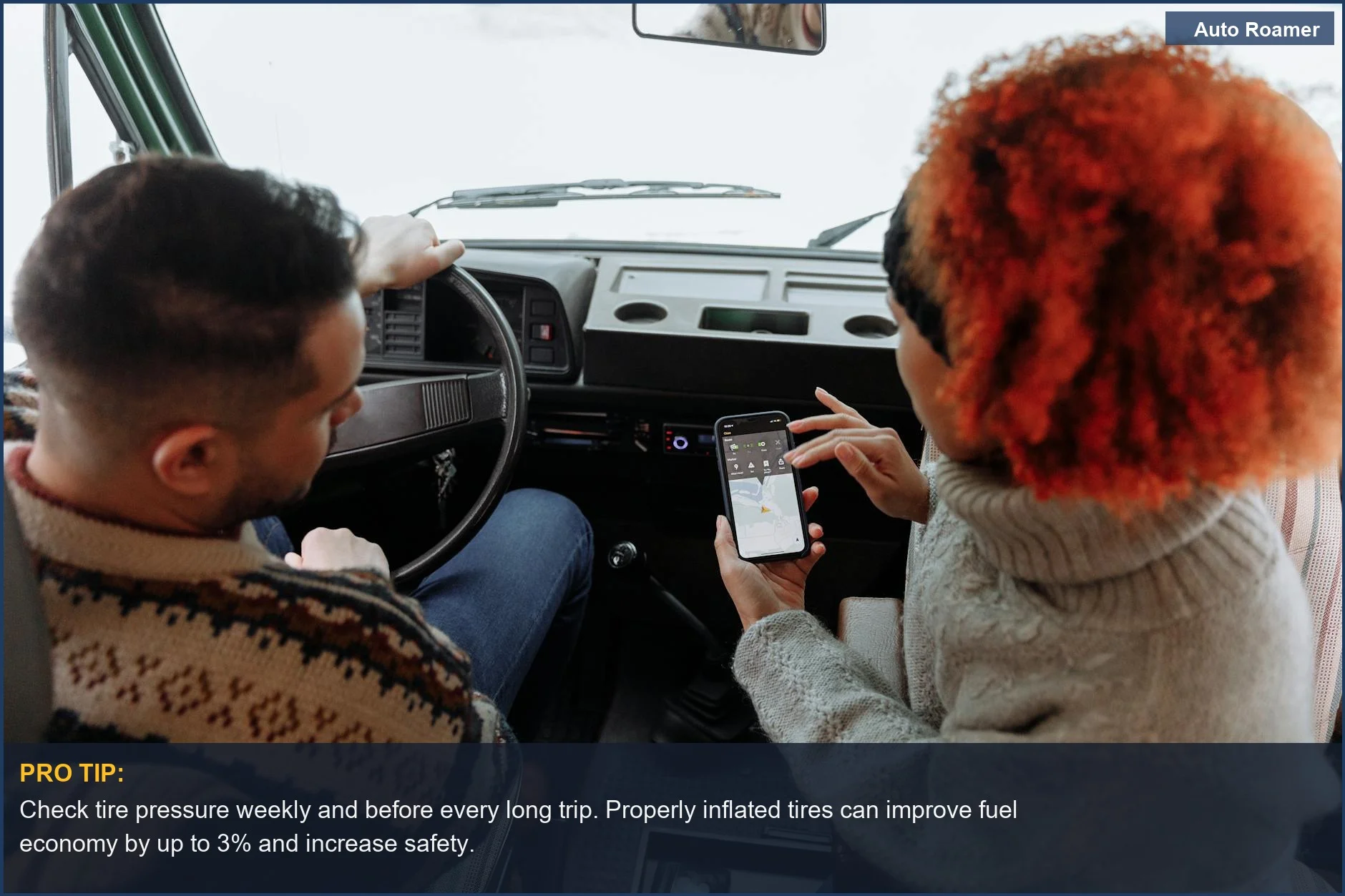 Passengers in a van consulting smartphone navigation during a snowy winter road trip, seeking to boost fuel efficiency on a long drive.