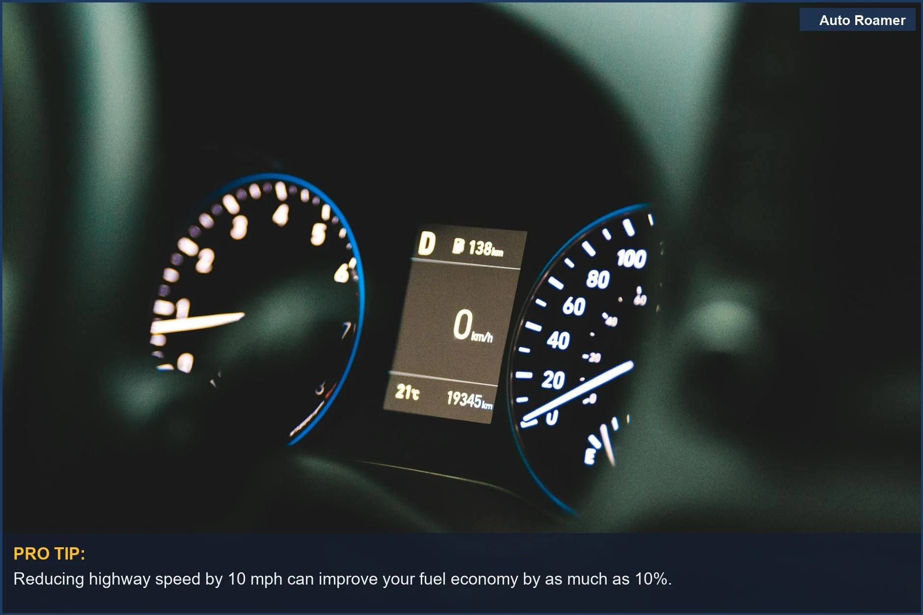 Car dashboard showing zero speed and odometer, highlighting how to save fuel driving tips.