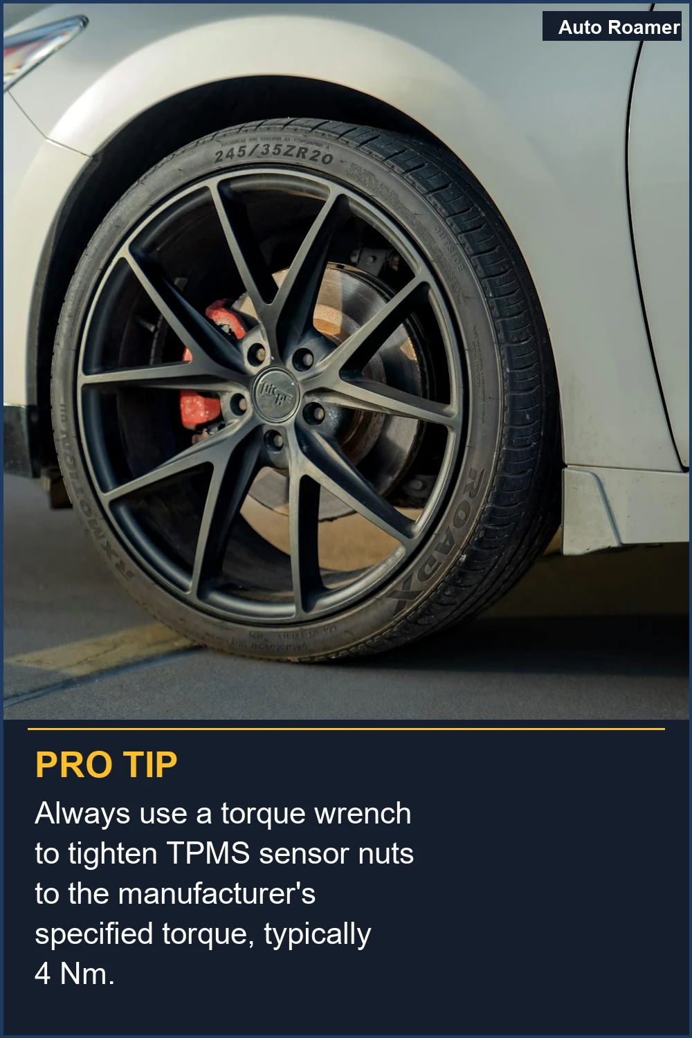 Always use a torque wrench to tighten TPMS sensor nuts to the manufacturer's specified torque, typically 4 Nm.