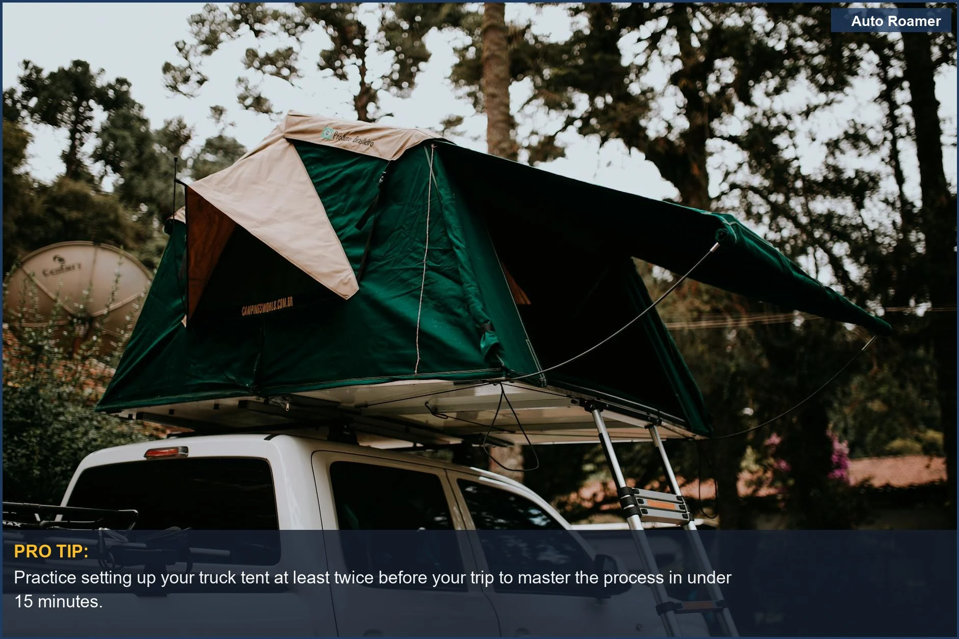 Pickup truck with a rooftop tent deployed for scenic outdoor camping adventures.