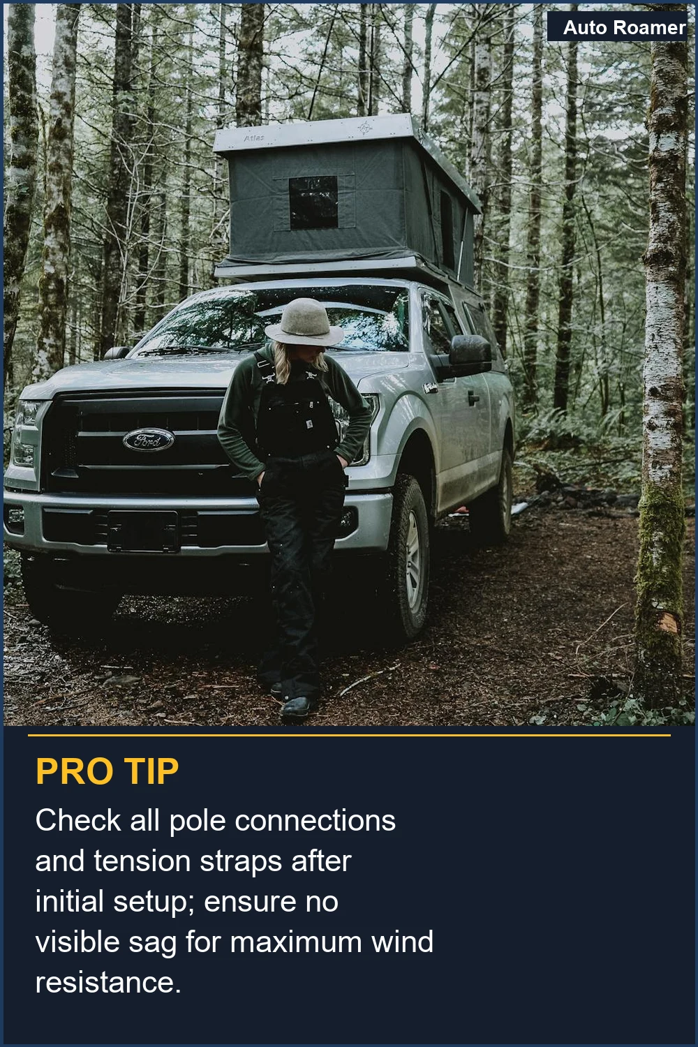 Check all pole connections and tension straps after initial setup; ensure no visible sag for maximum wind resistance.