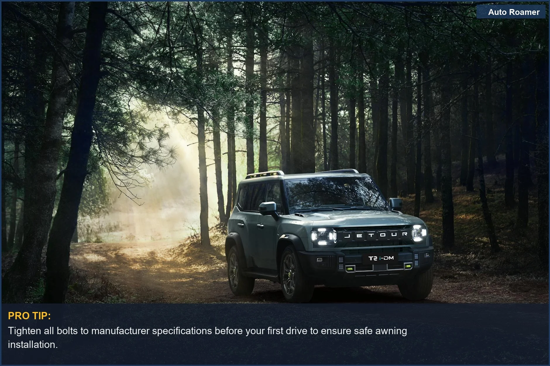 Adventure Jetour T2 SUV driving on a misty forest trail, ideal for overlanding awning installation.