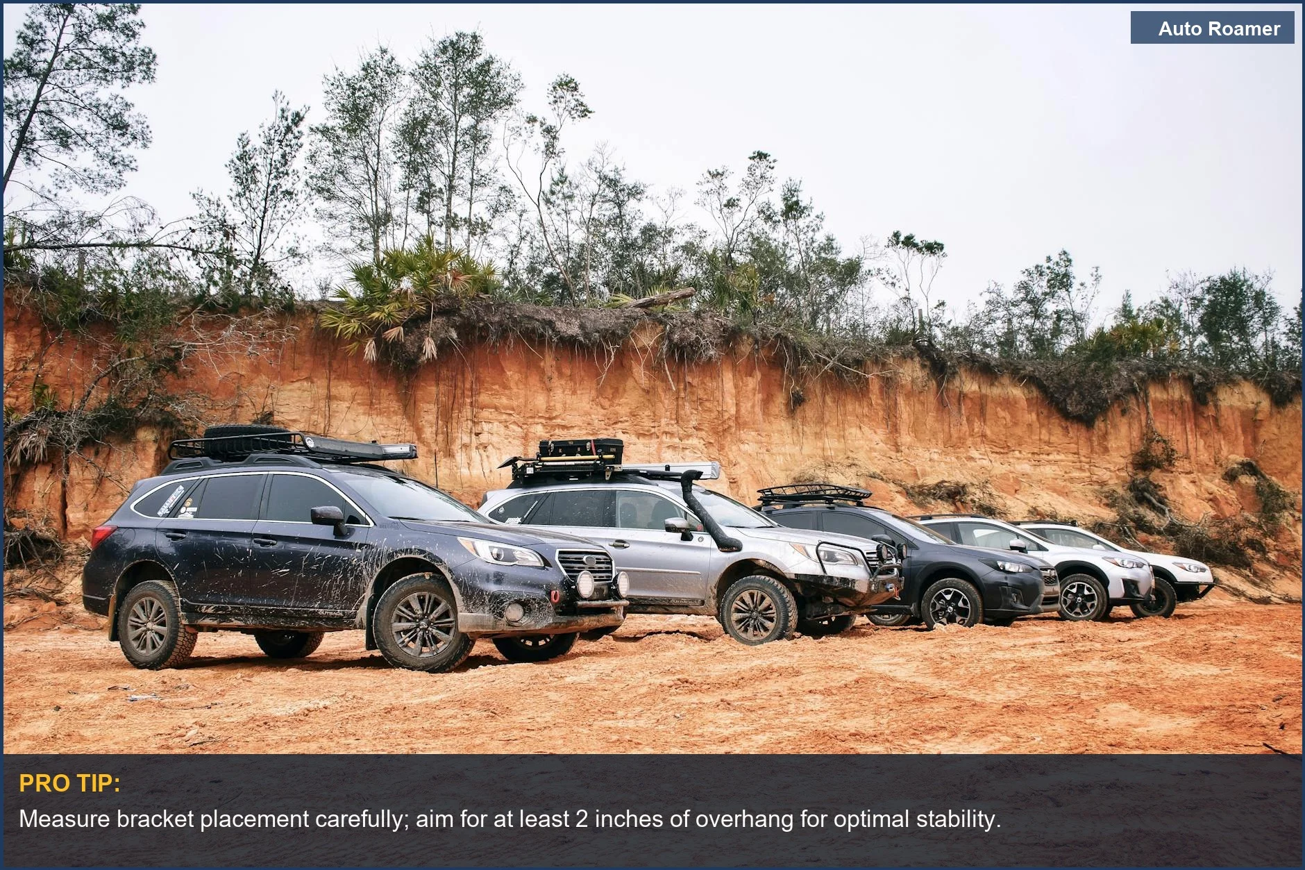 SUVs parked on a dirt road, ready for adventure, showcasing an overlanding setup.