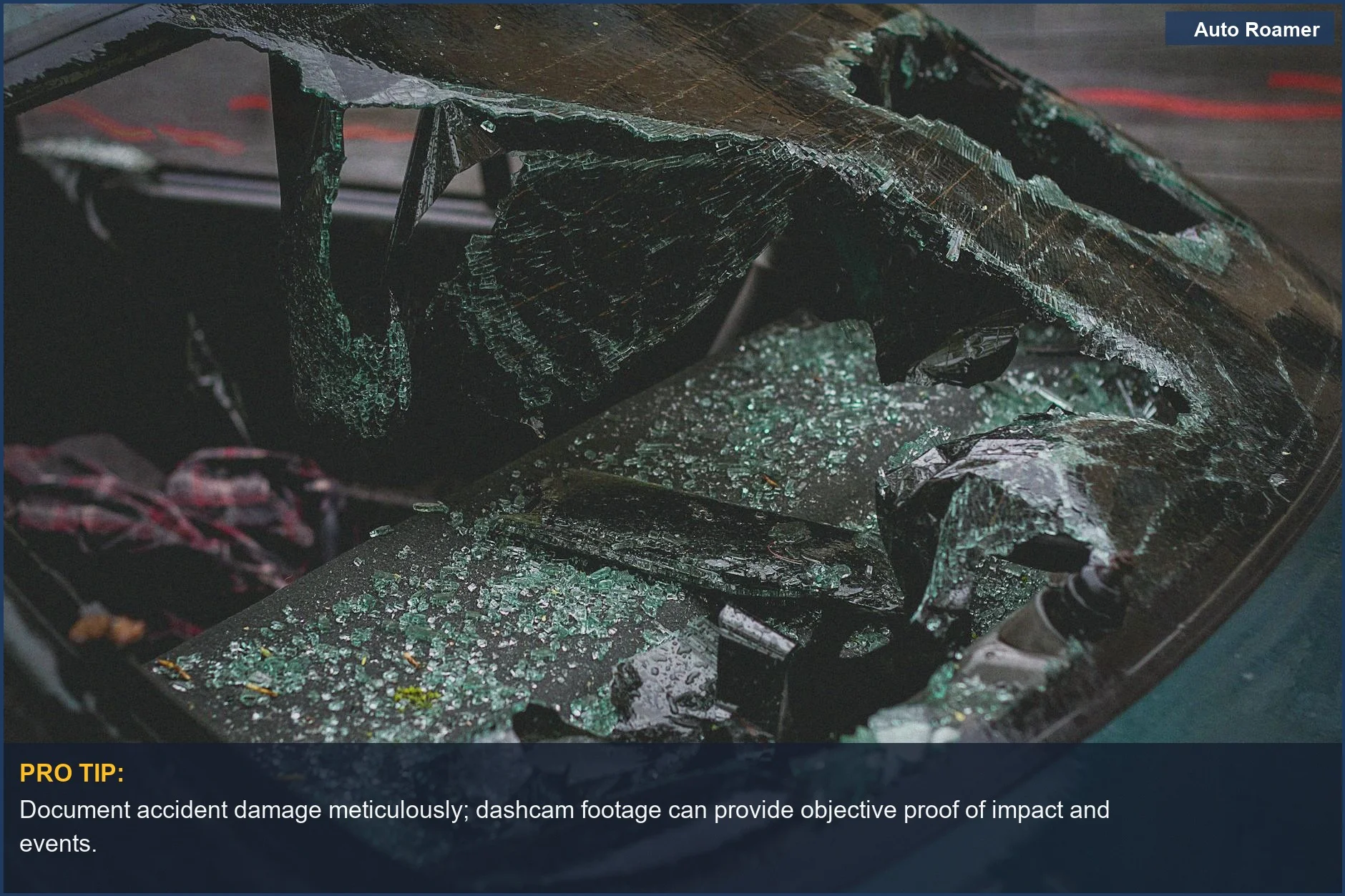 Parabrisas de coche destrozado tras un accidente, mostrando daños y cristales rotos para la evidencia de dashcam.