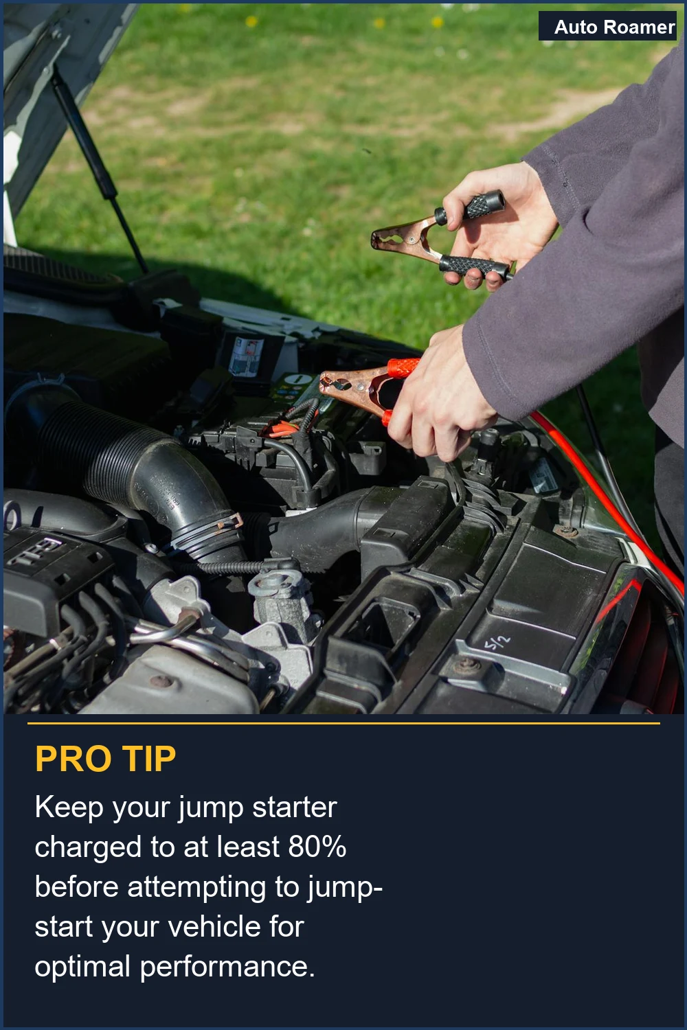 Keep your jump starter charged to at least 80% before attempting to jump-start your vehicle for optimal performance.