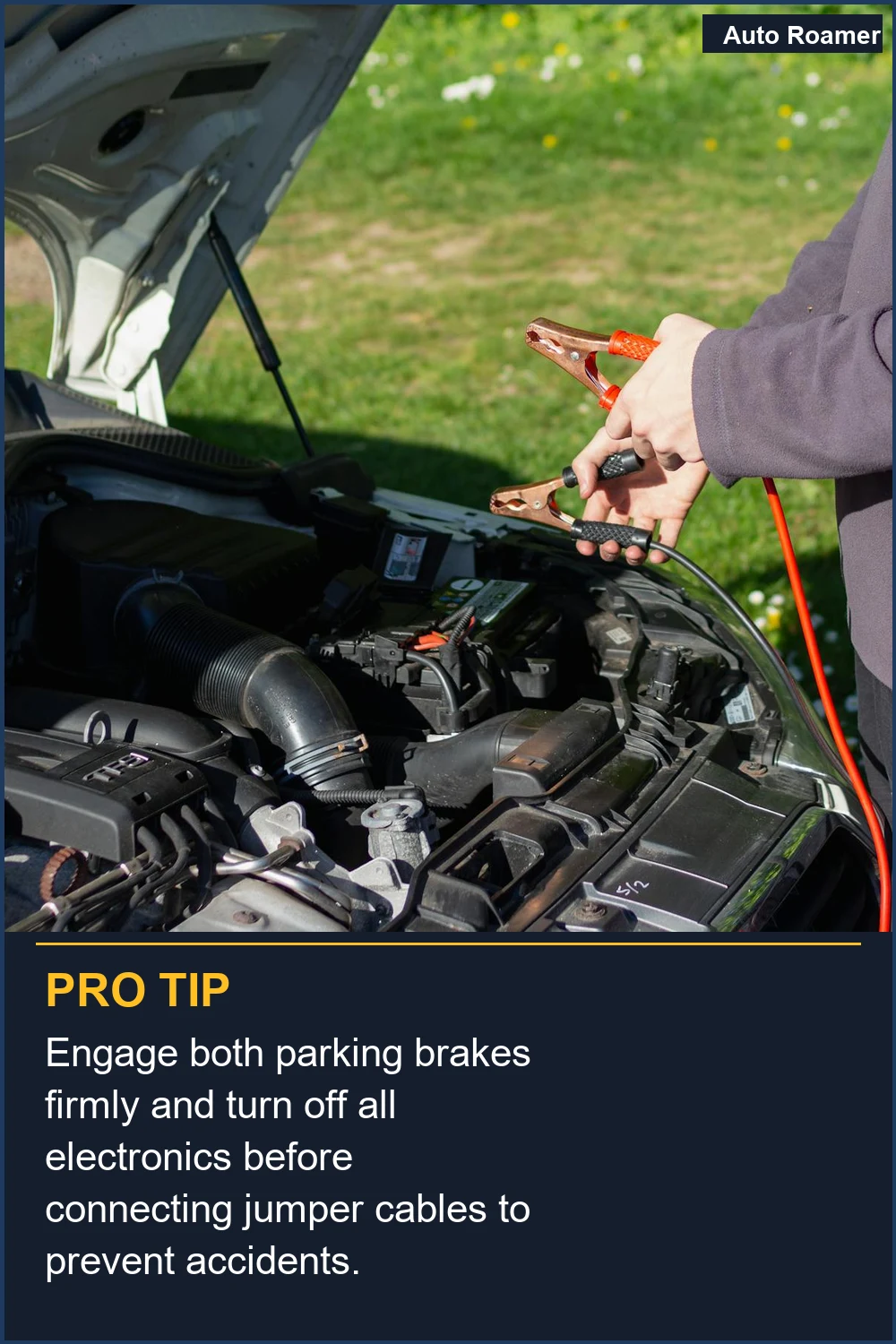 Engage both parking brakes firmly and turn off all electronics before connecting jumper cables to prevent accidents.