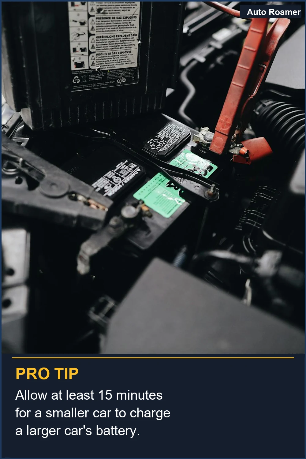 Allow at least 15 minutes for a smaller car to charge a larger car's battery.