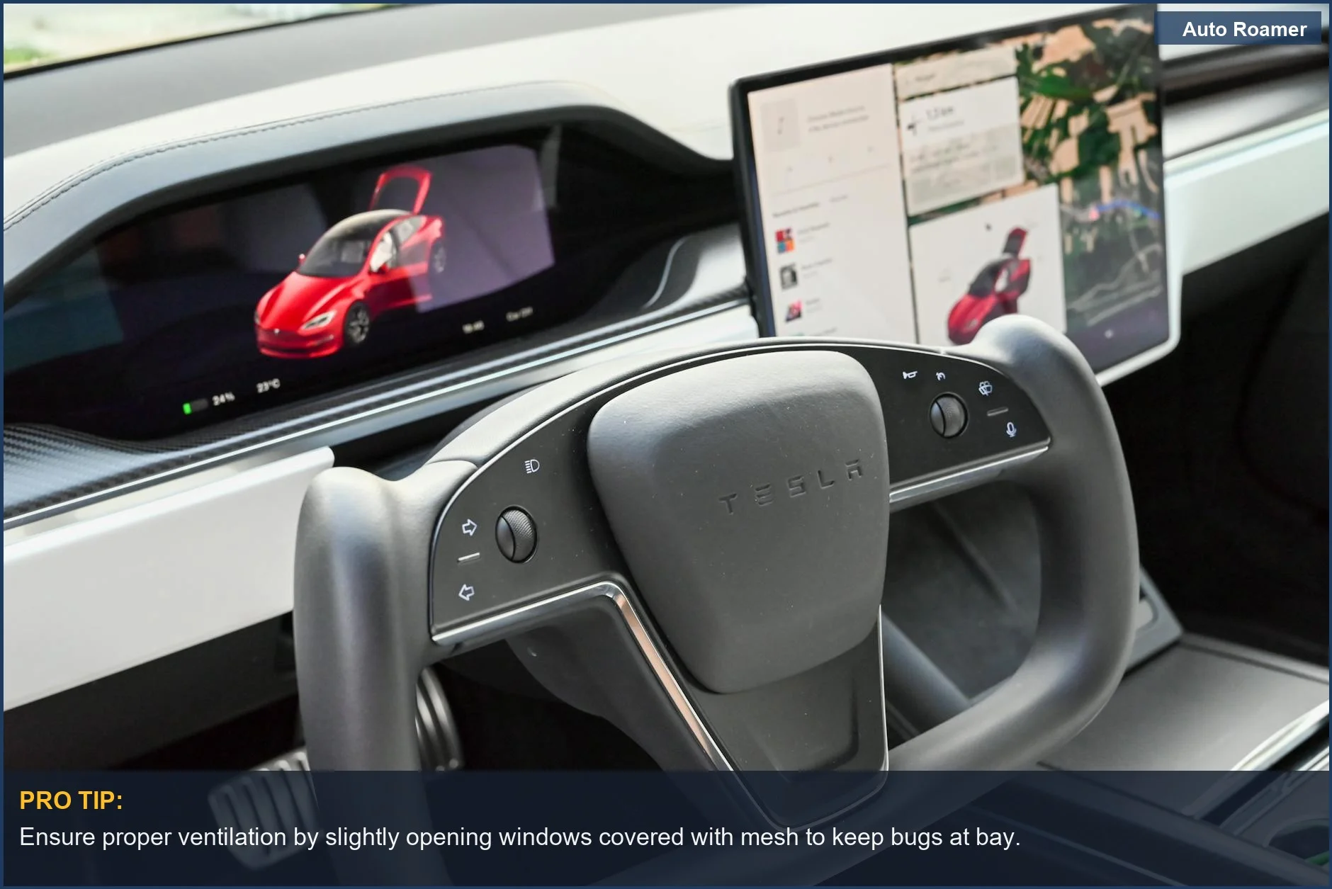 Modern Tesla car interior showcasing advanced features, ideal for bug-free travel.