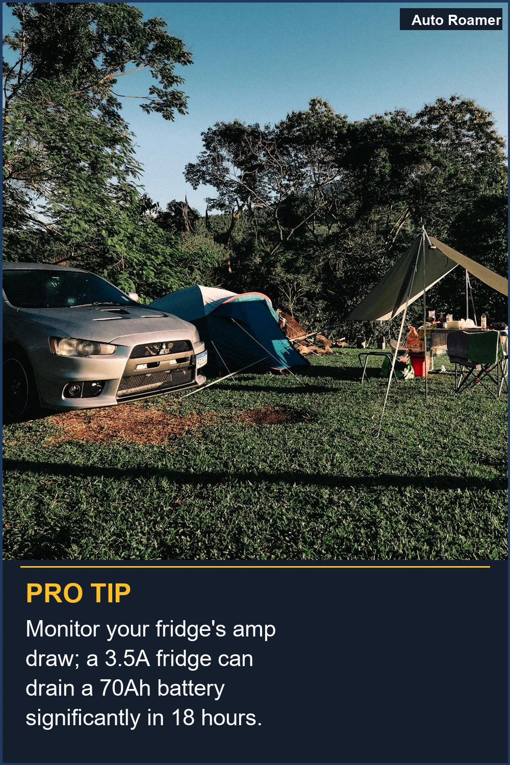 Monitor your fridge's amp draw; a 3.5A fridge can drain a 70Ah battery significantly in 18 hours.