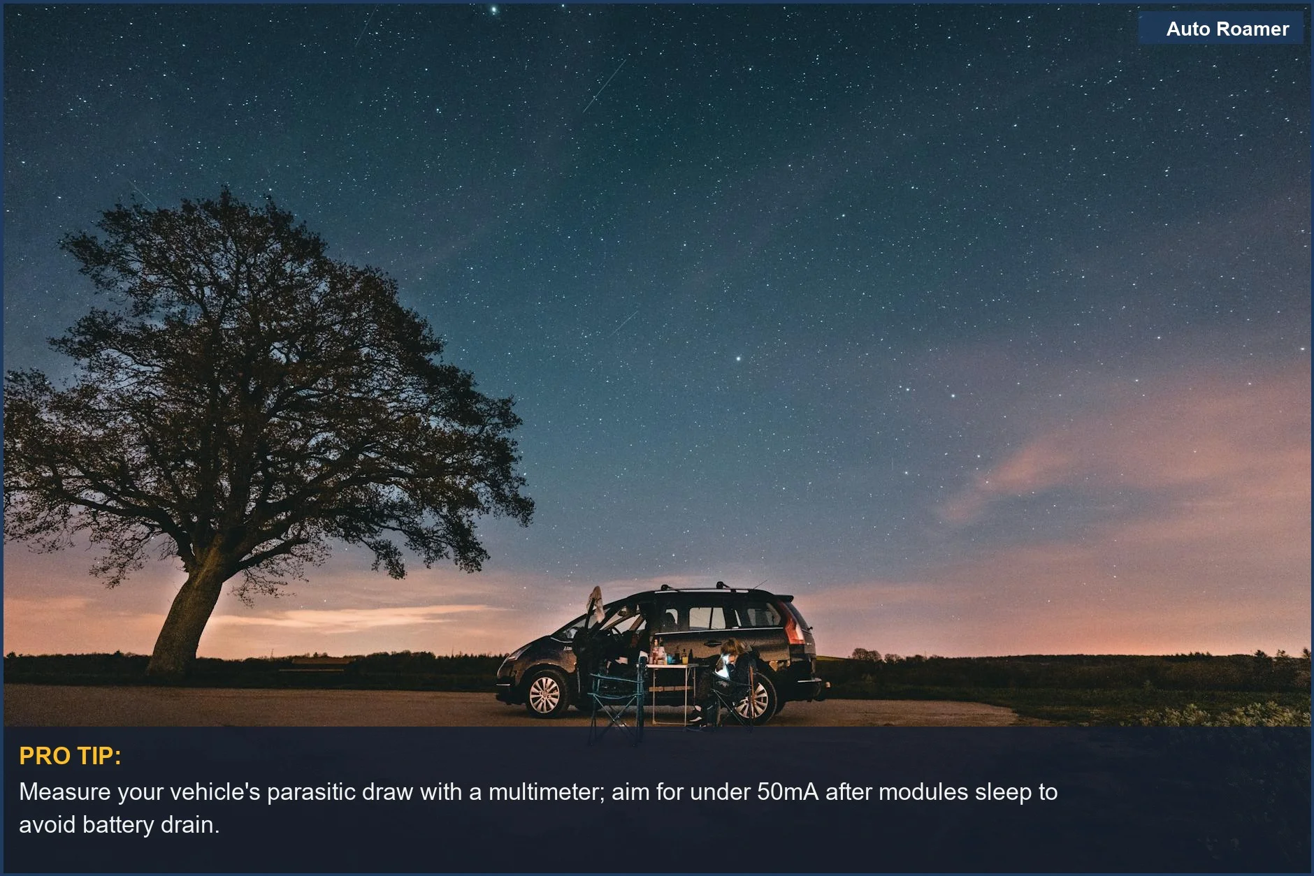 Black SUV parked under a starry sky at a peaceful Belgian campsite, a reminder for car battery care.