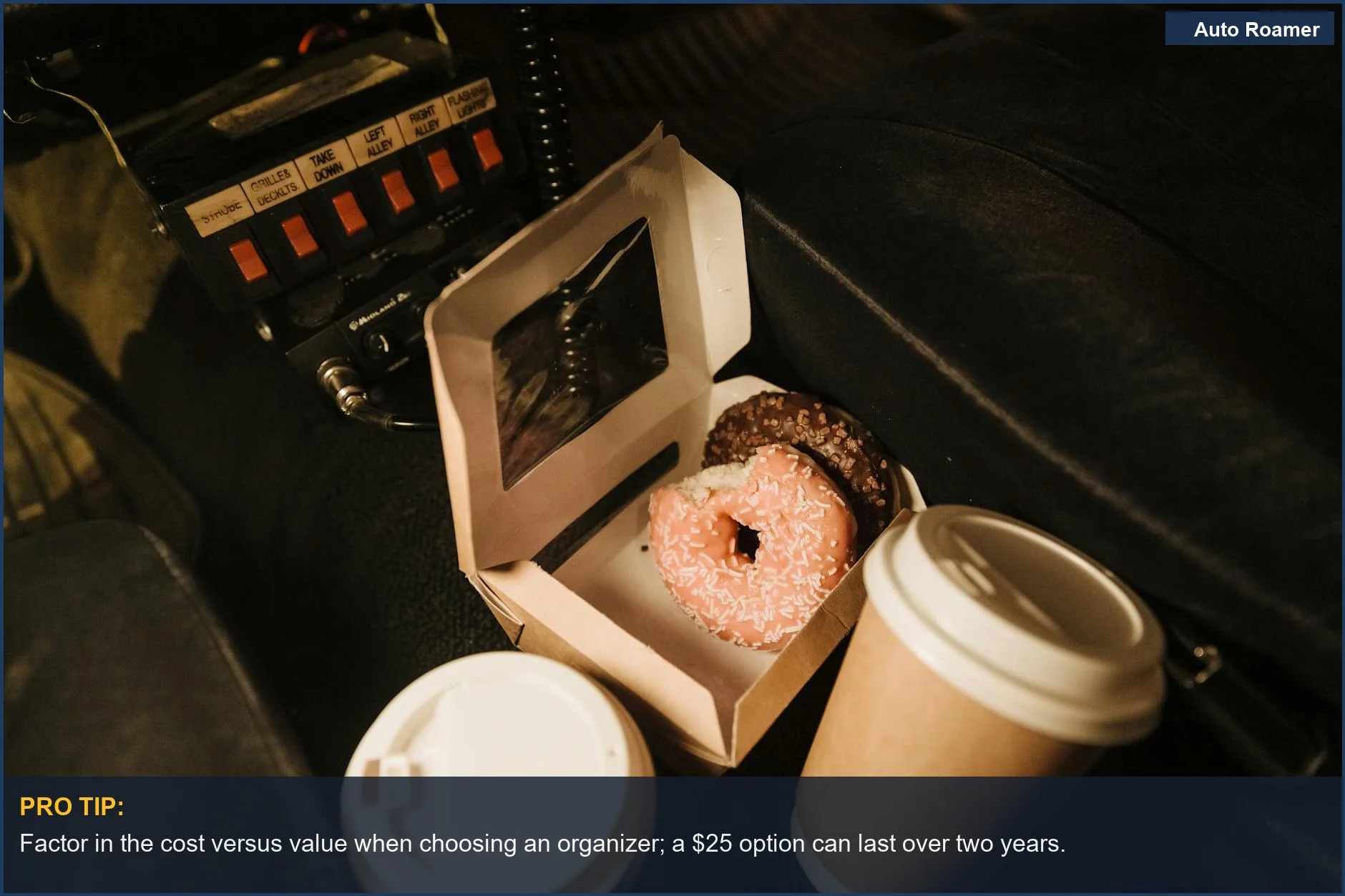 Cozy car interior with coffee and donuts, ideal for a relaxing break during family road trips.