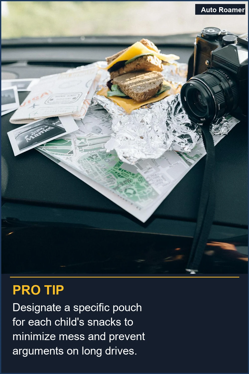 Designate a specific pouch for each child's snacks to minimize mess and prevent arguments on long drives.
