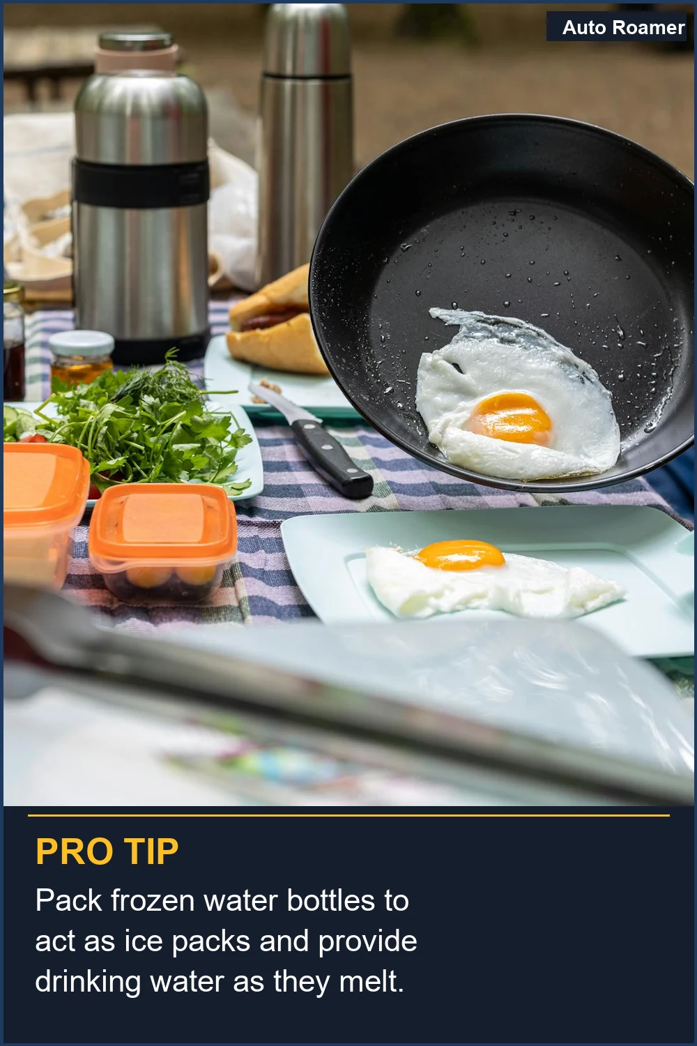 Pack frozen water bottles to act as ice packs and provide drinking water as they melt.