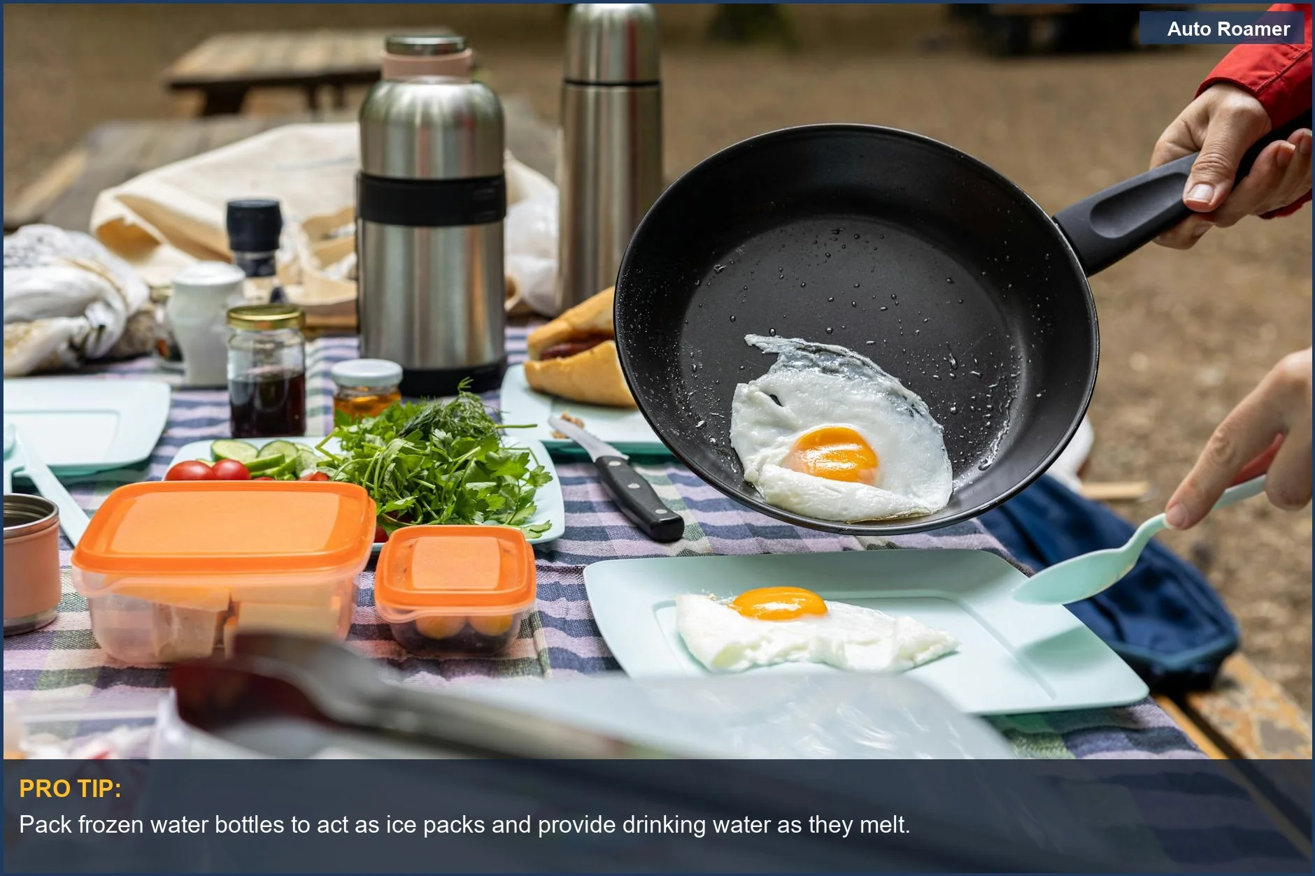 Campers enjoying a delicious outdoor breakfast, showcasing how to keep food cold while camping.