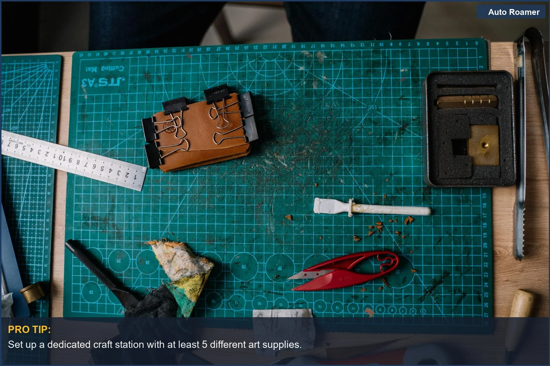 Craft workspace with tools and materials, ideal for creative kids car ride activities.