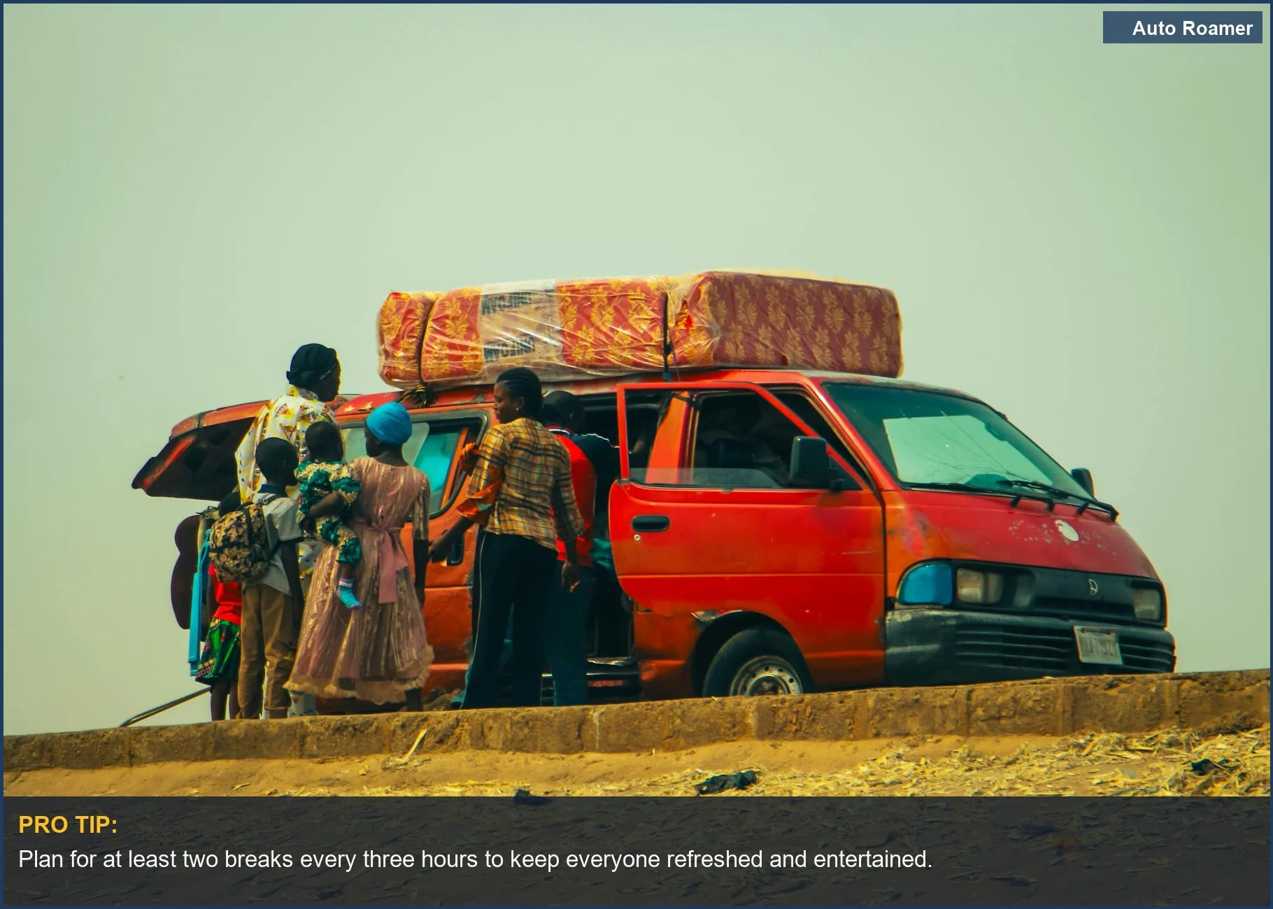 Family loading luggage into a red van, showcasing their travel adventure with toddlers.