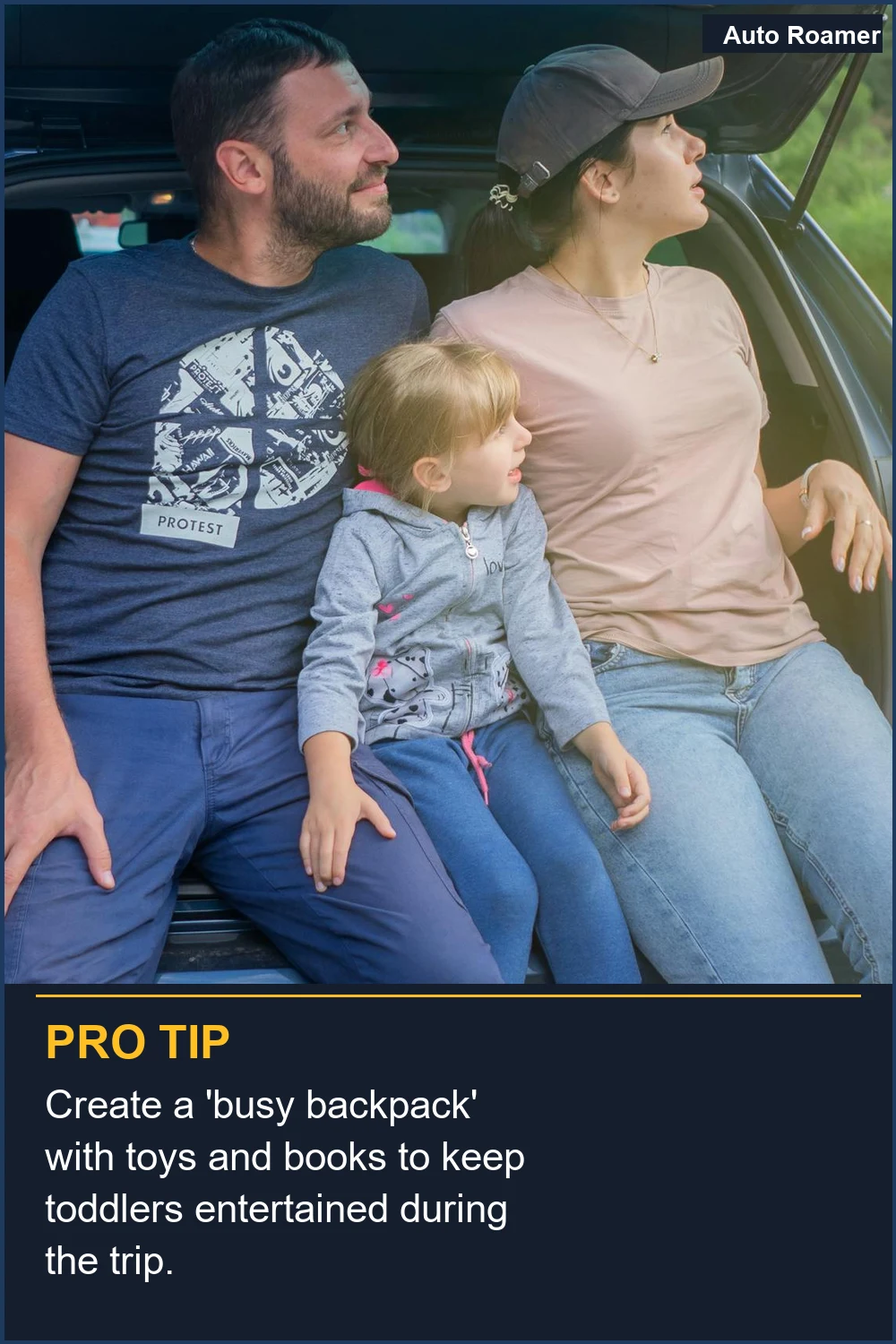 Create a 'busy backpack' with toys and books to keep toddlers entertained during the trip.