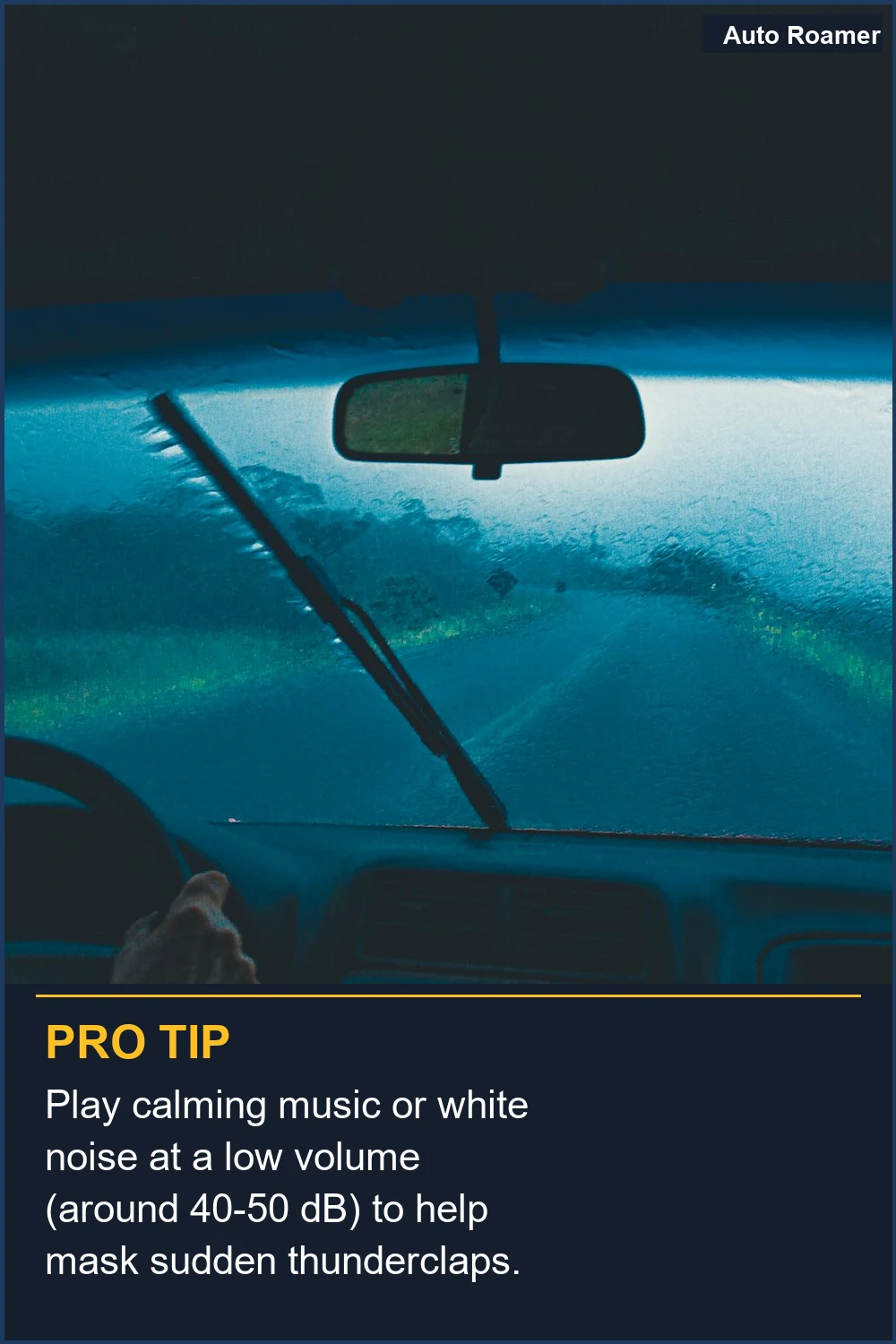 Play calming music or white noise at a low volume (around 40-50 dB) to help mask sudden thunderclaps.