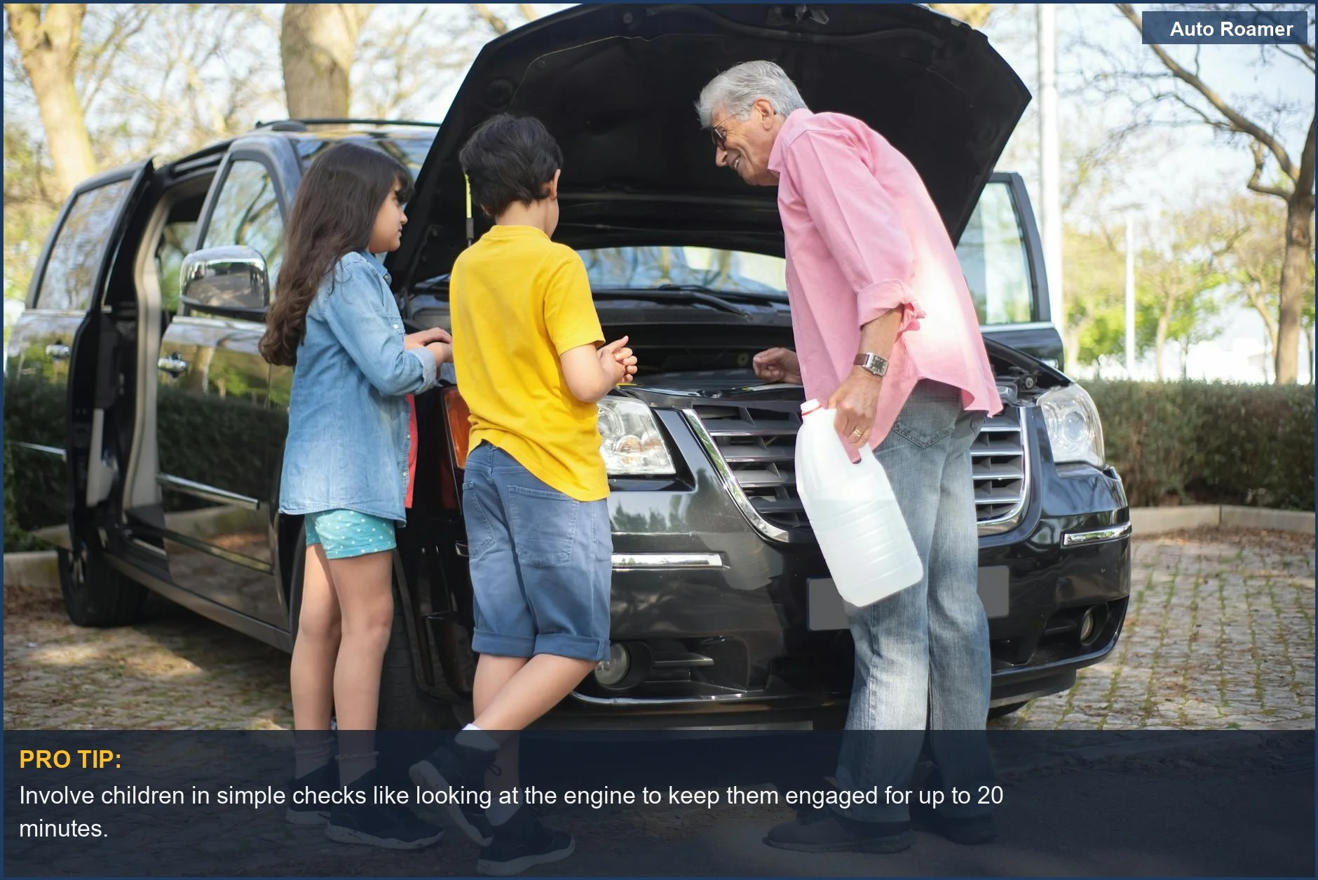 Grandfather and grandchildren inspect a car engine outdoors, preparing for unexpected road trip issues.
