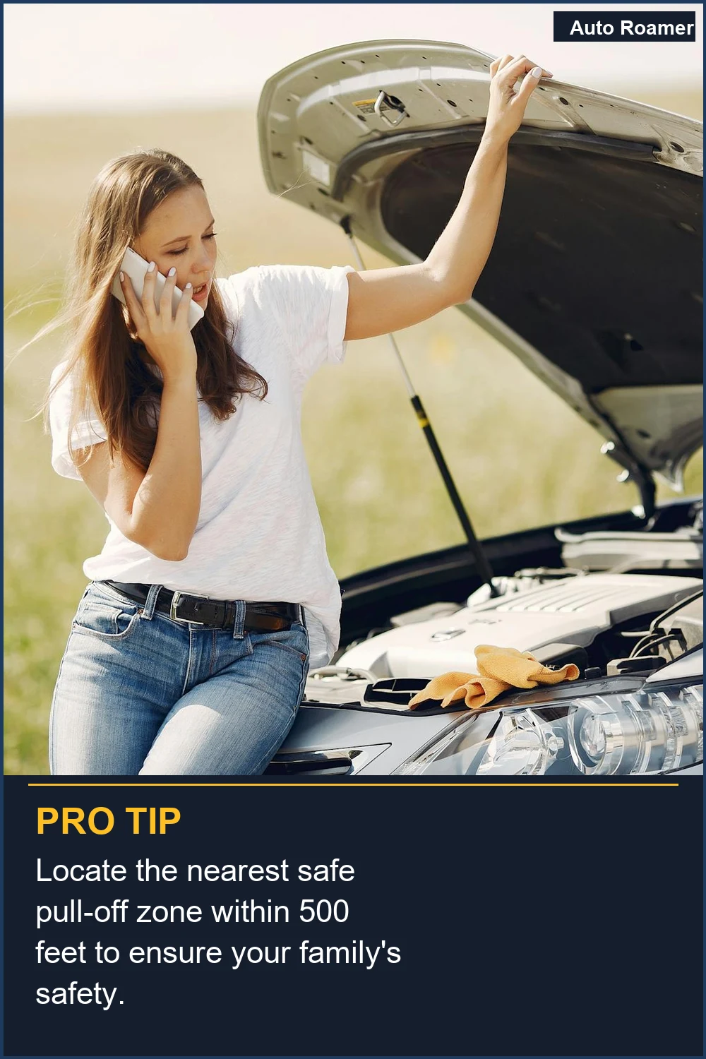 Locate the nearest safe pull-off zone within 500 feet to ensure your family's safety.