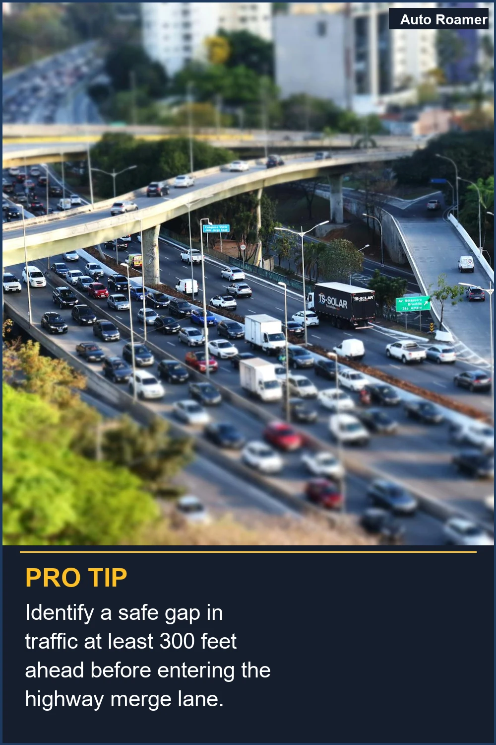 Identify a safe gap in traffic at least 300 feet ahead before entering the highway merge lane.